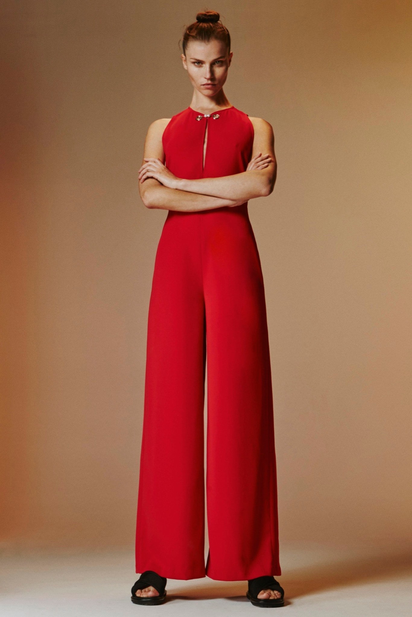 fitted red silk jumpsuit