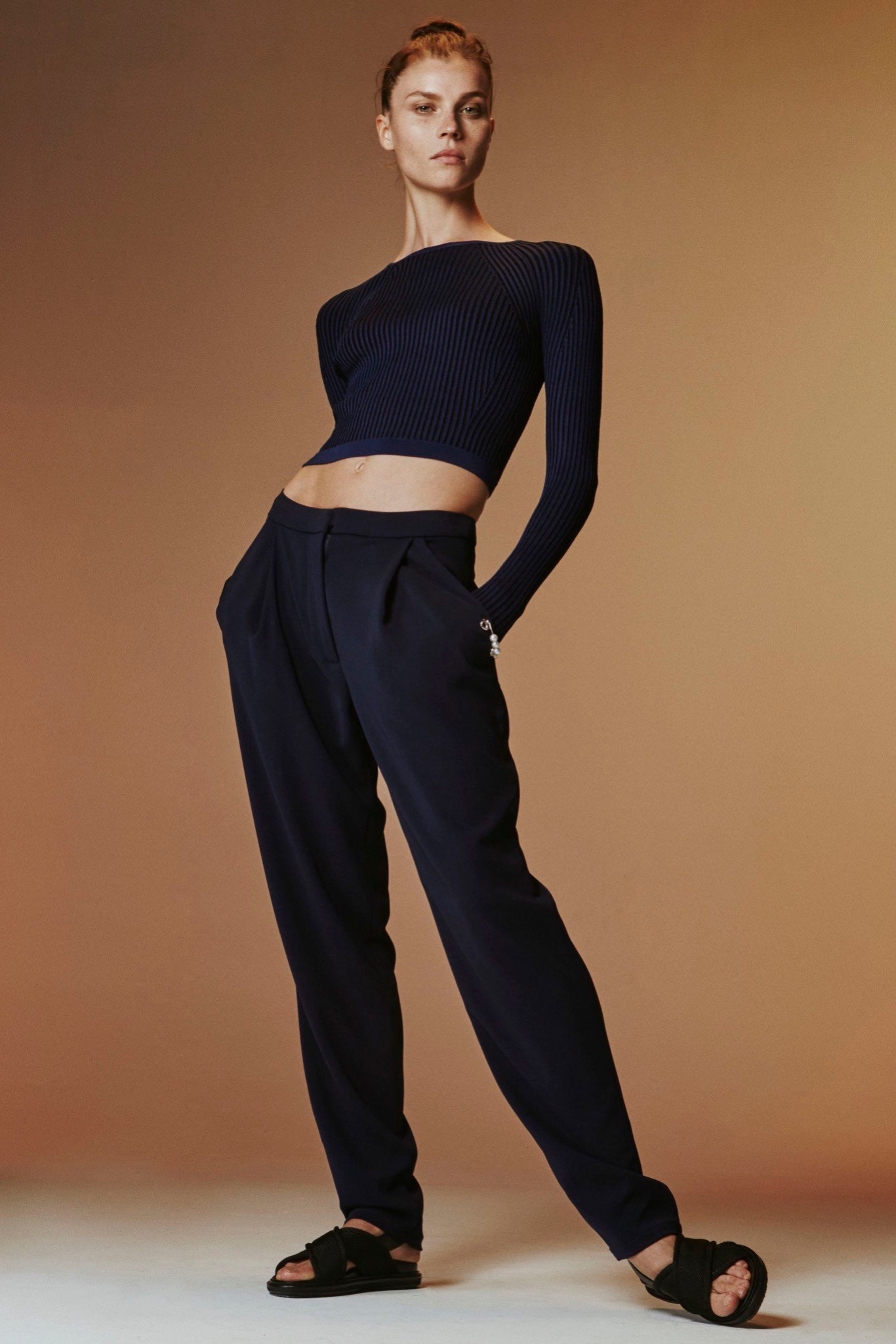 blue cotton long-sleeve off-shoulder fitted ribbed cropped top