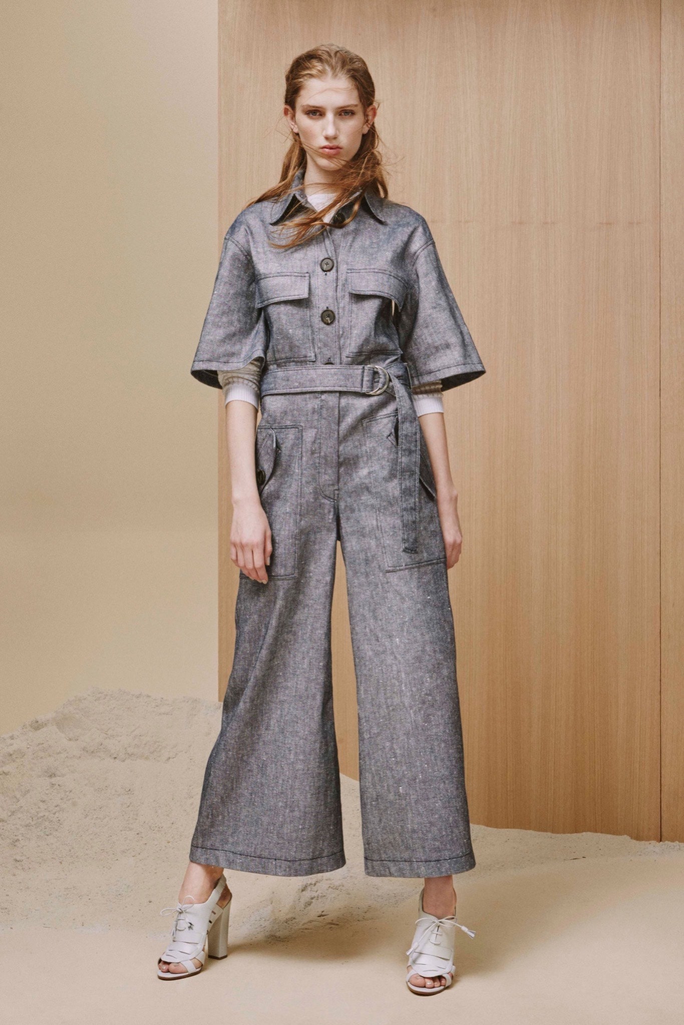gray denim short-sleeve collared relaxed buttoned pockets jumpsuit