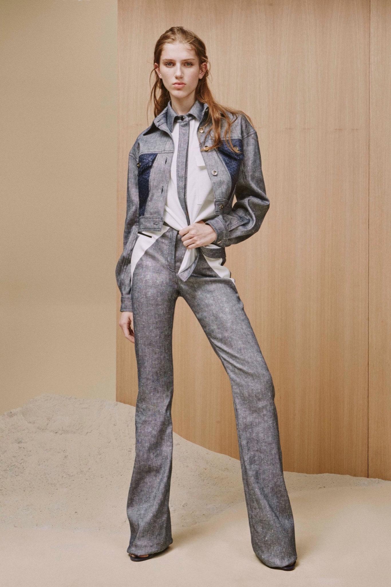 blue denim jacket and flared pants
