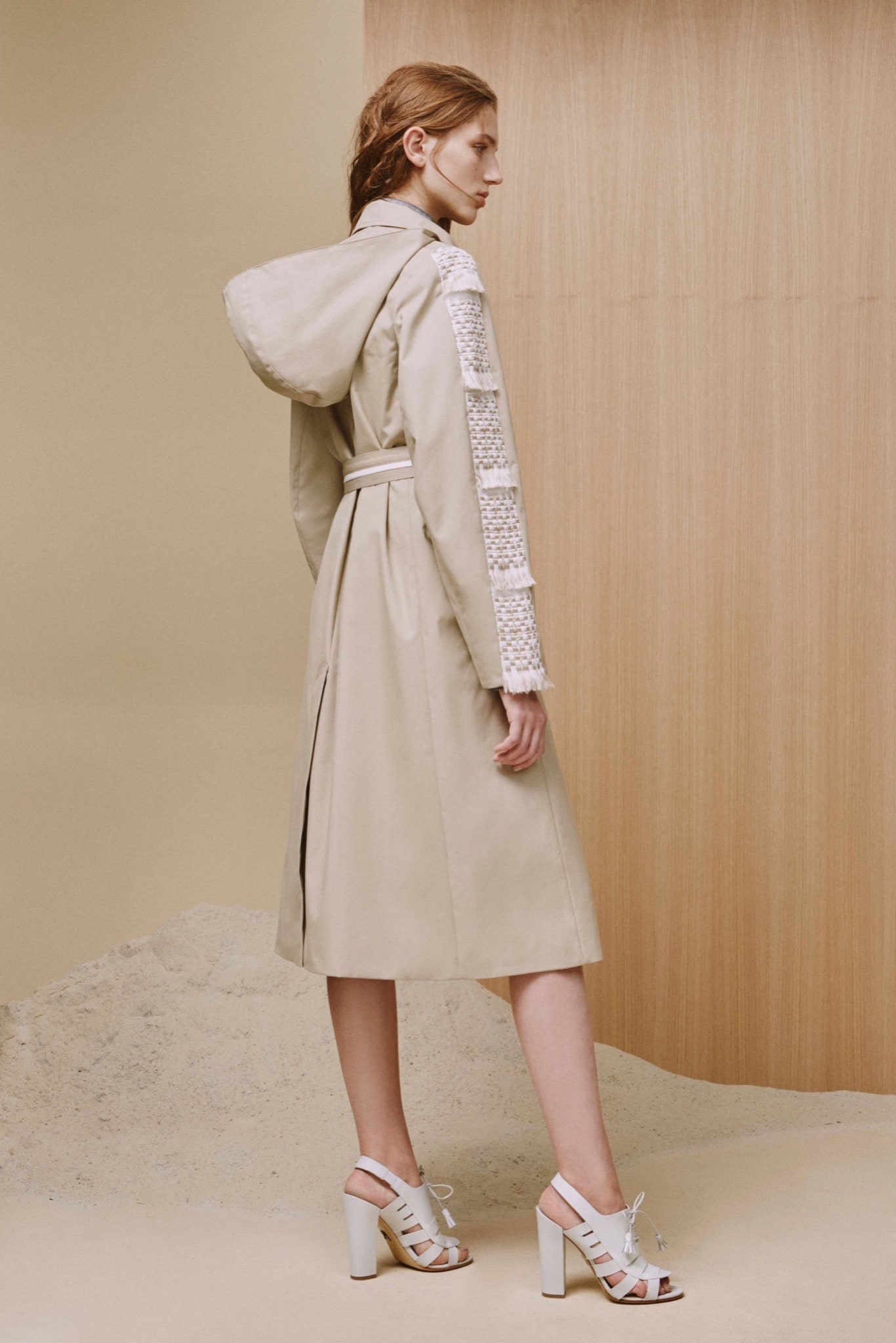 beige cotton long-sleeve hooded relaxed belted midi trench