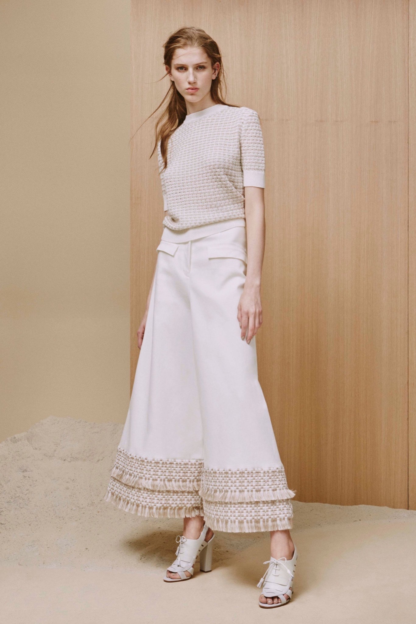 beige cotton short-sleeve collared fitted textured top