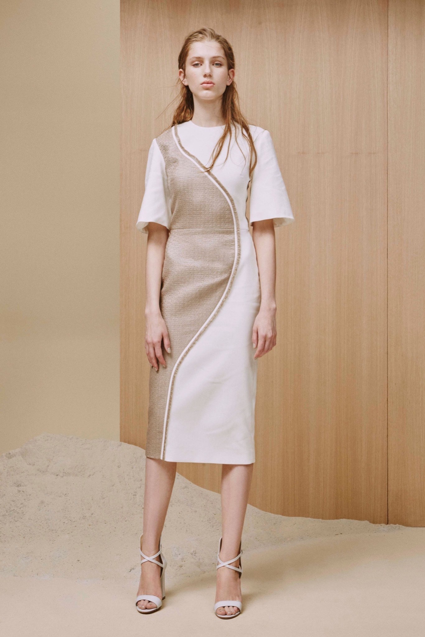 white beige asymmetric midi dress