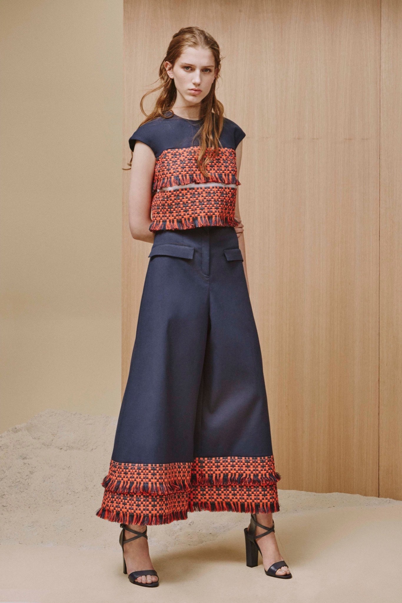 blue short-sleeve collared fitted fringed top