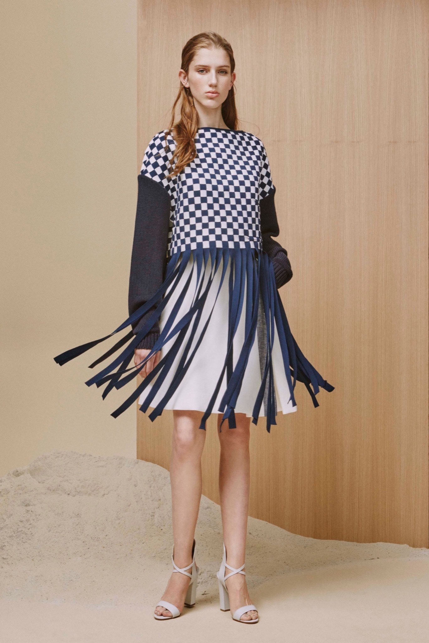 white cotton sleeveless high-neck fitted pleated color-blocked dress
