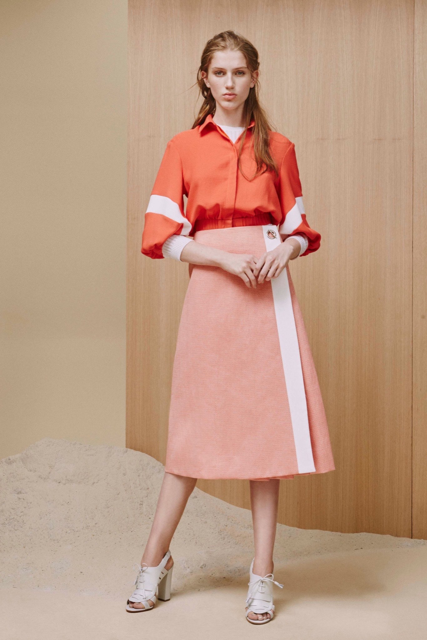 red long-sleeve collared fitted color-blocked shirt