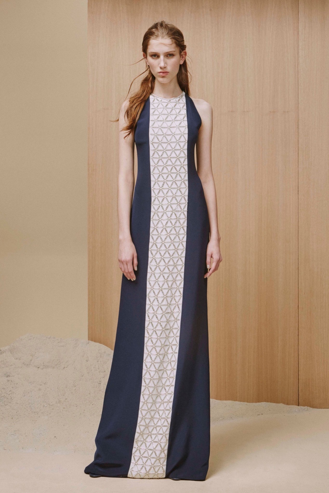navy and white embellished gown