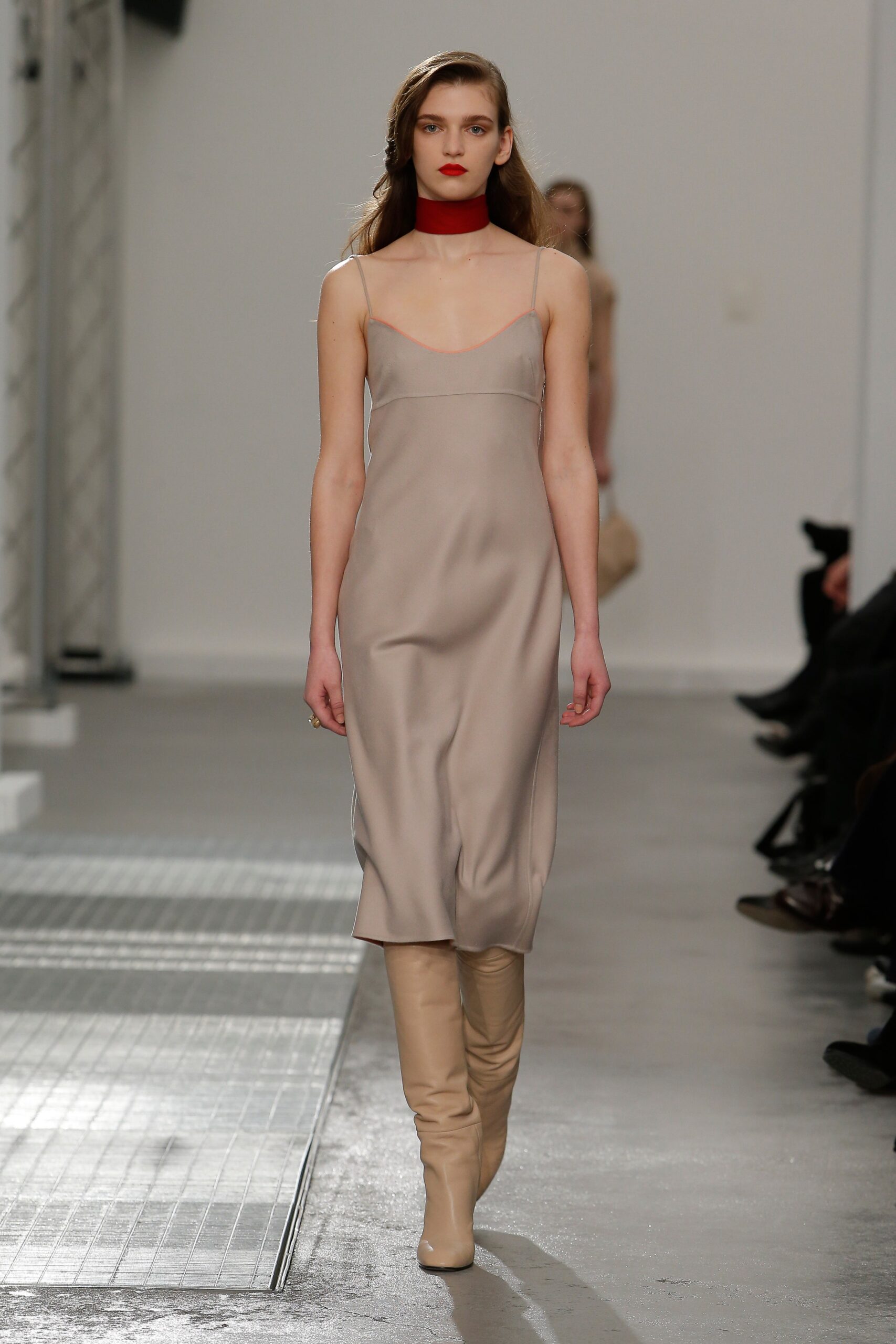 beige silk midi dress with red scarf