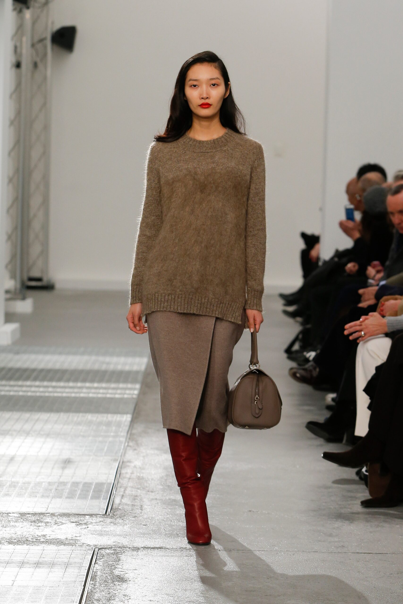 brown wool sweater with gray skirt