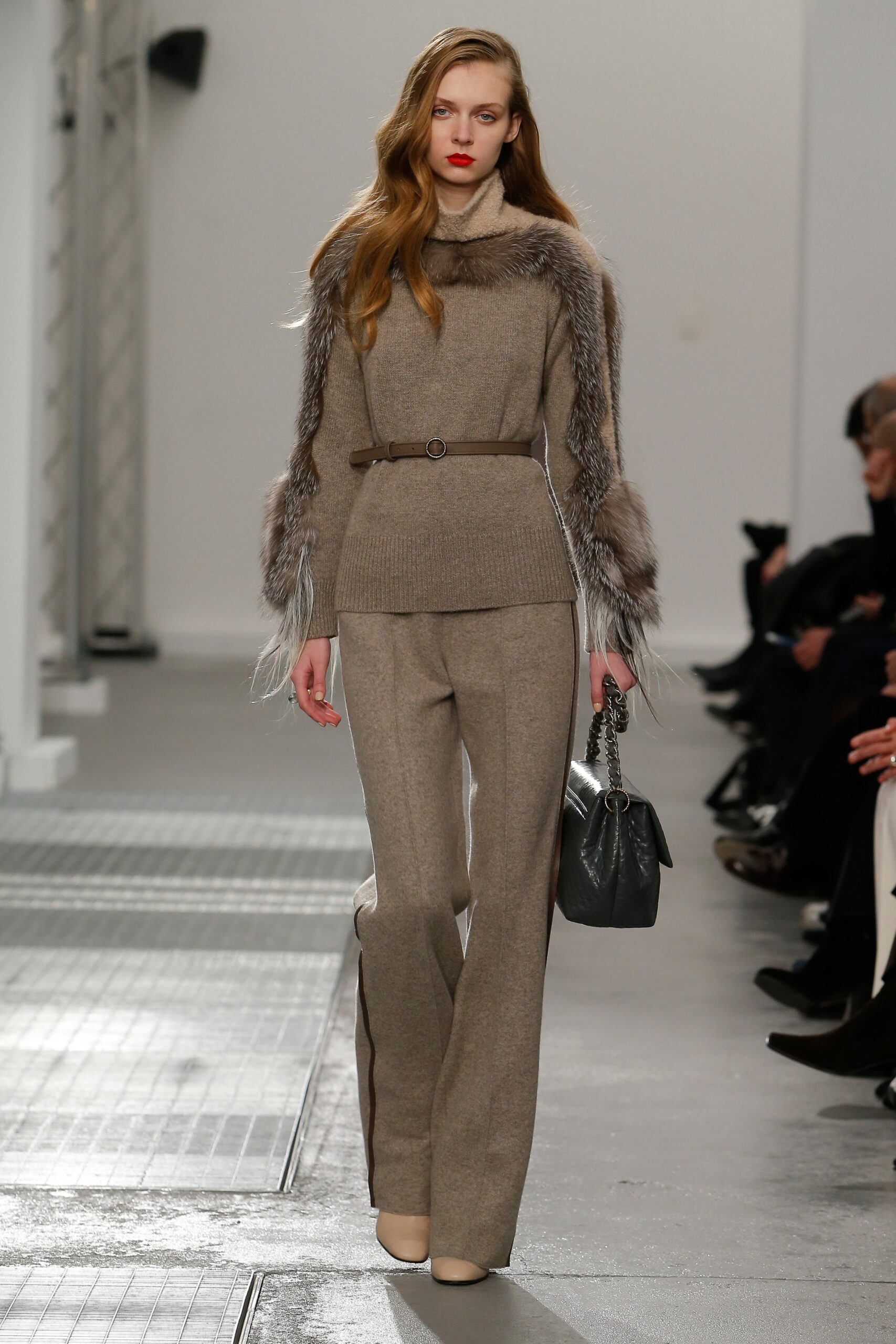 beige wool long-sleeve high-neck fitted layered belted top
