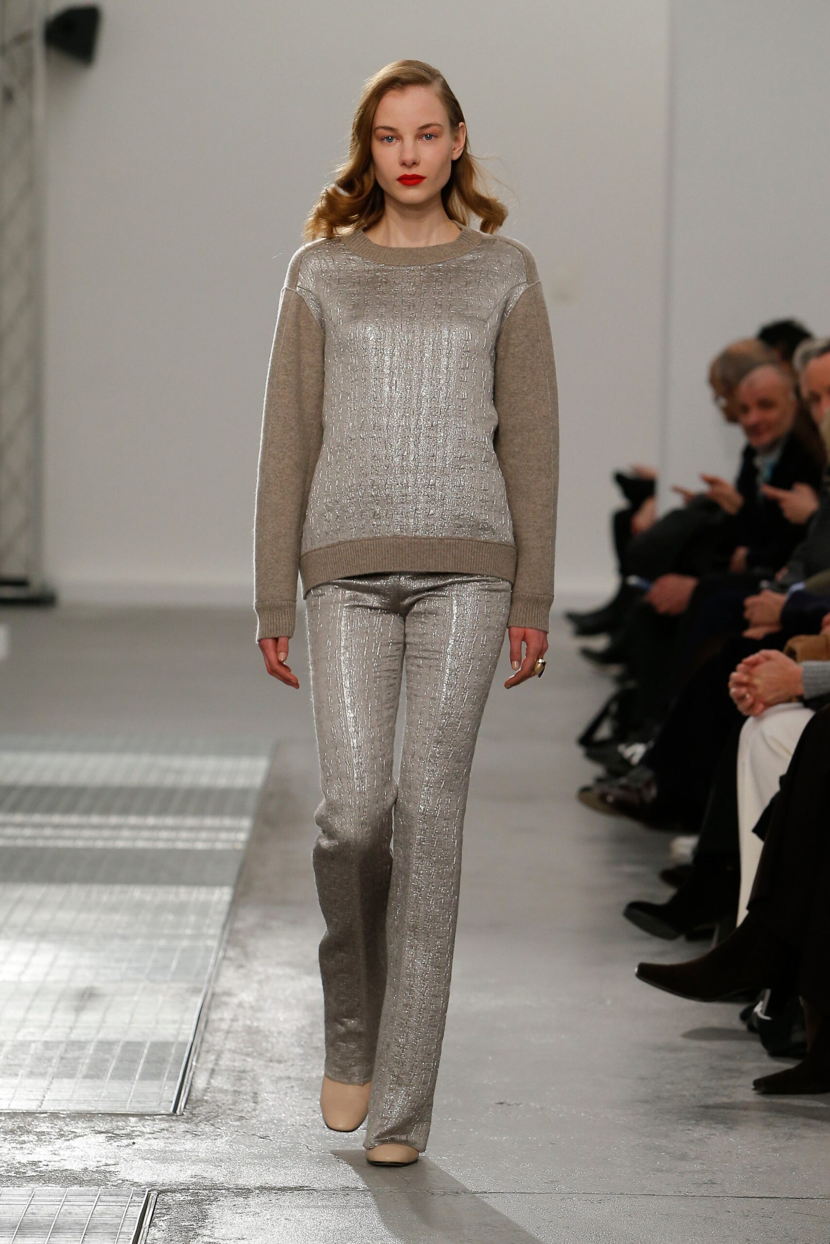 gray wool long-sleeve collared fitted textured shiny sweater