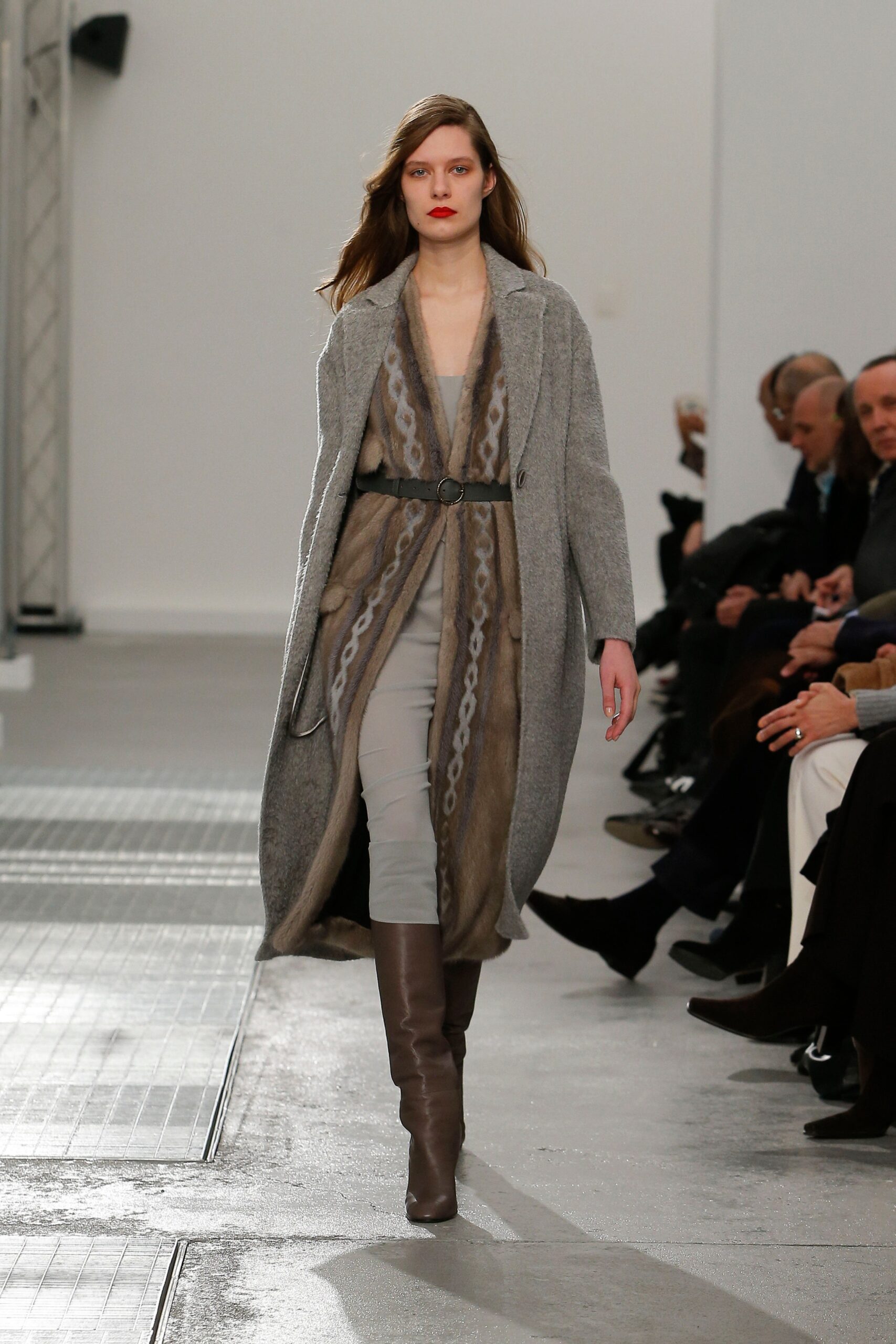 gray wool coat with beige dress