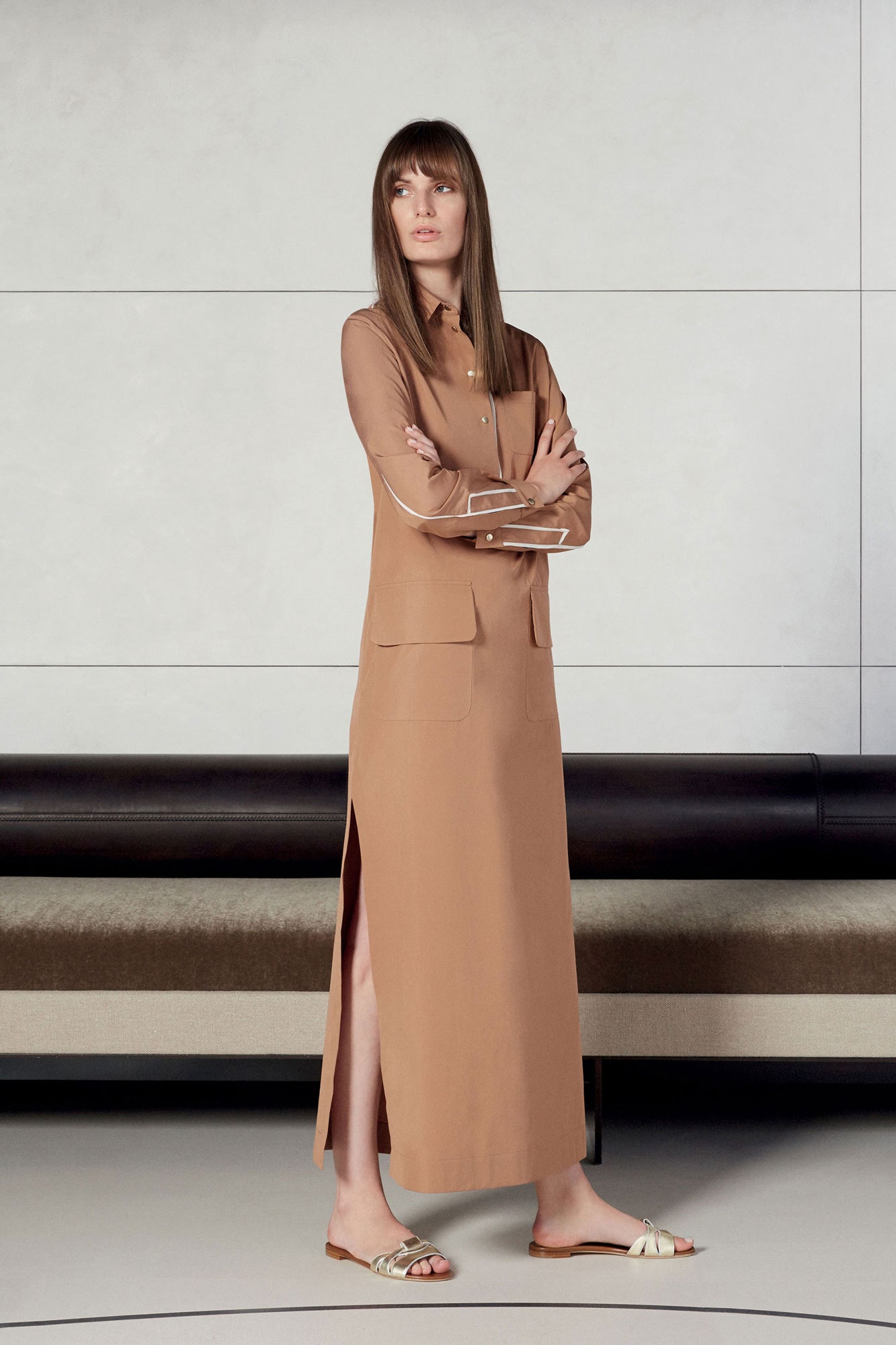 beige fitted long-sleeve dress