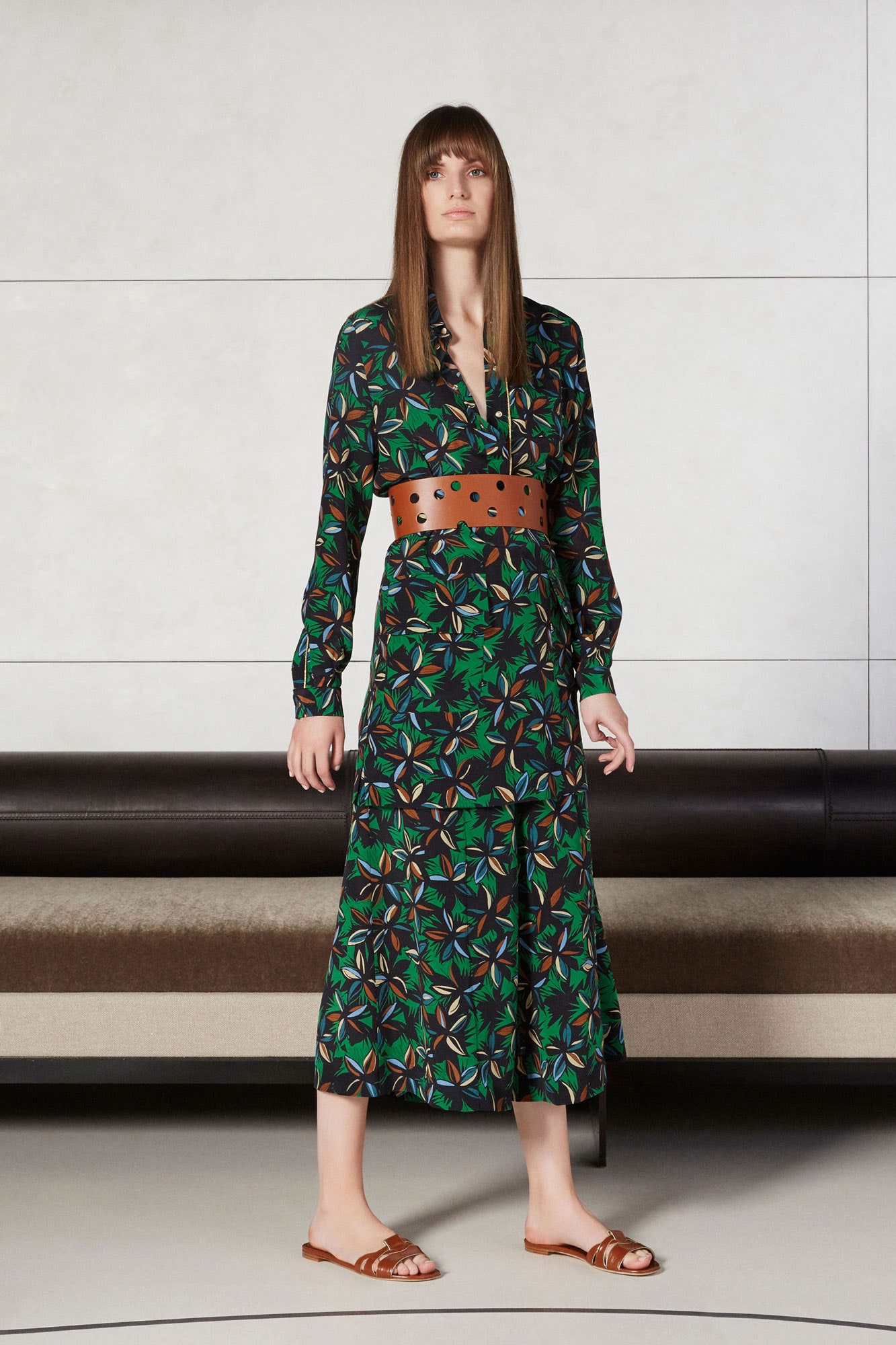 green cotton long-sleeve collared fitted printed belted dress
