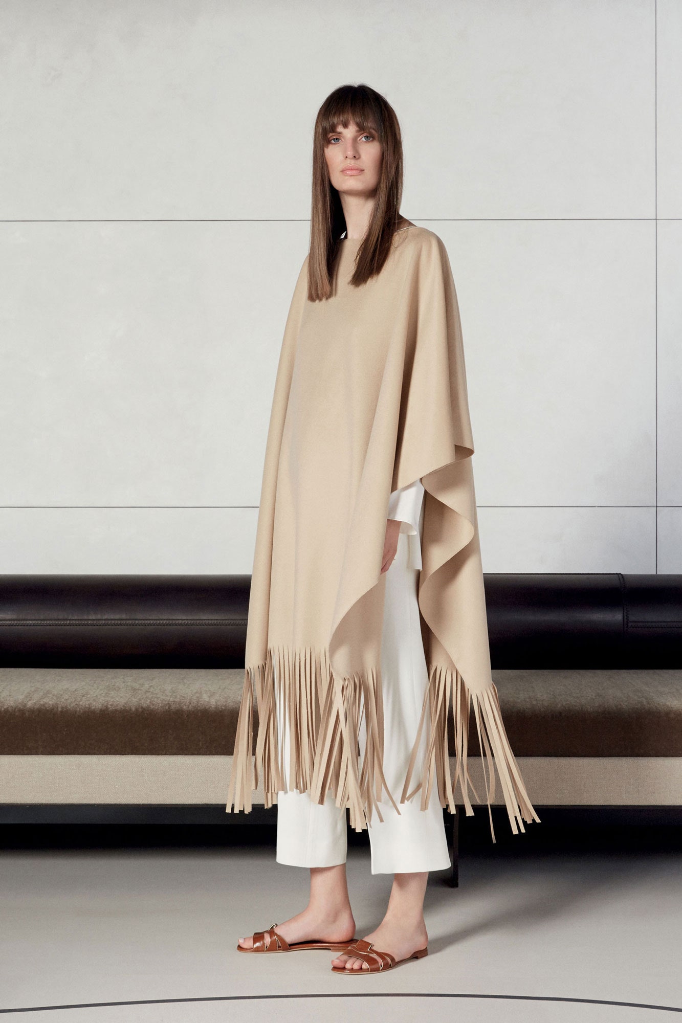 beige wool sleeveless relaxed fringed poncho