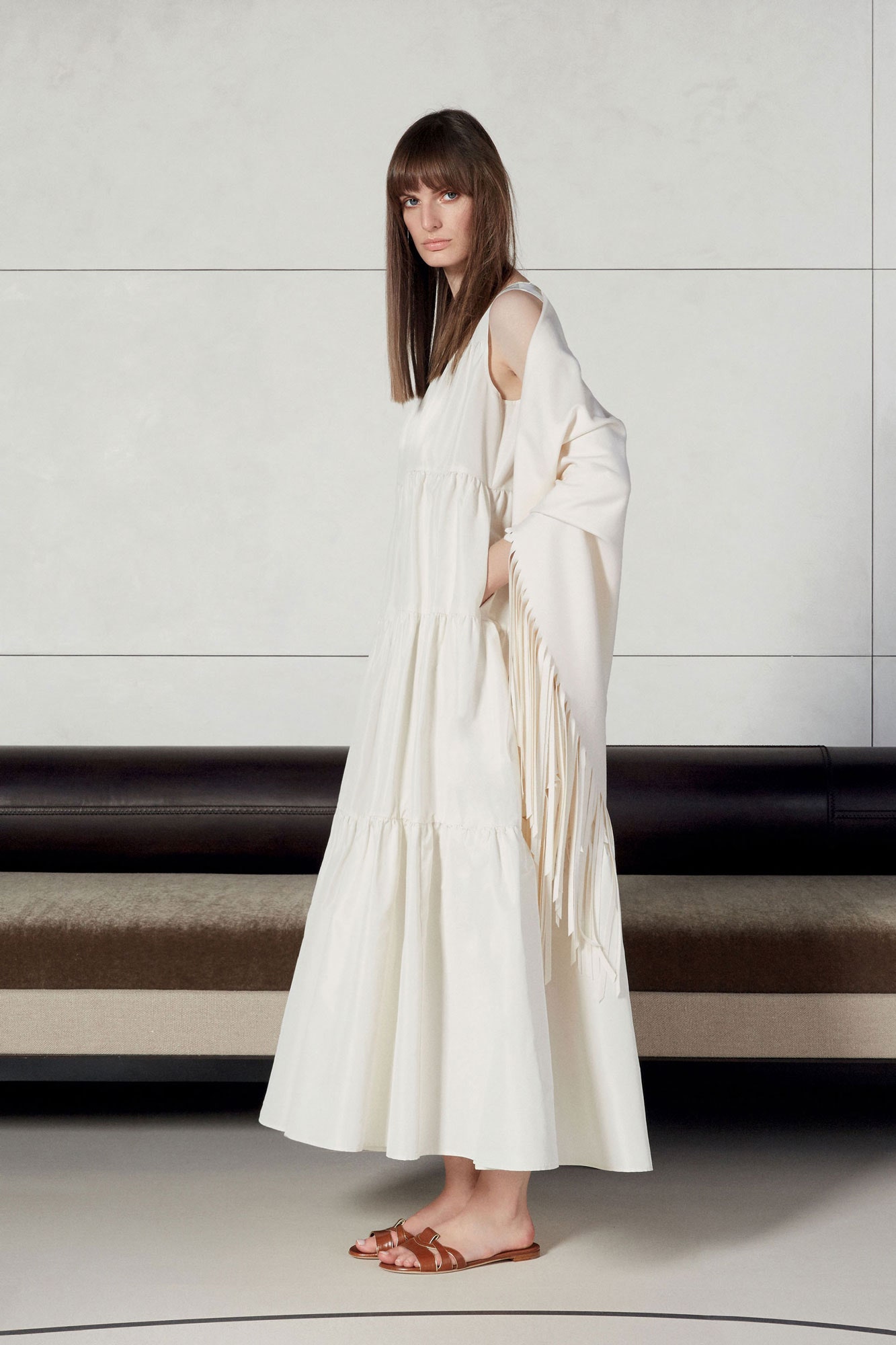 beige cotton oversized fringed cape