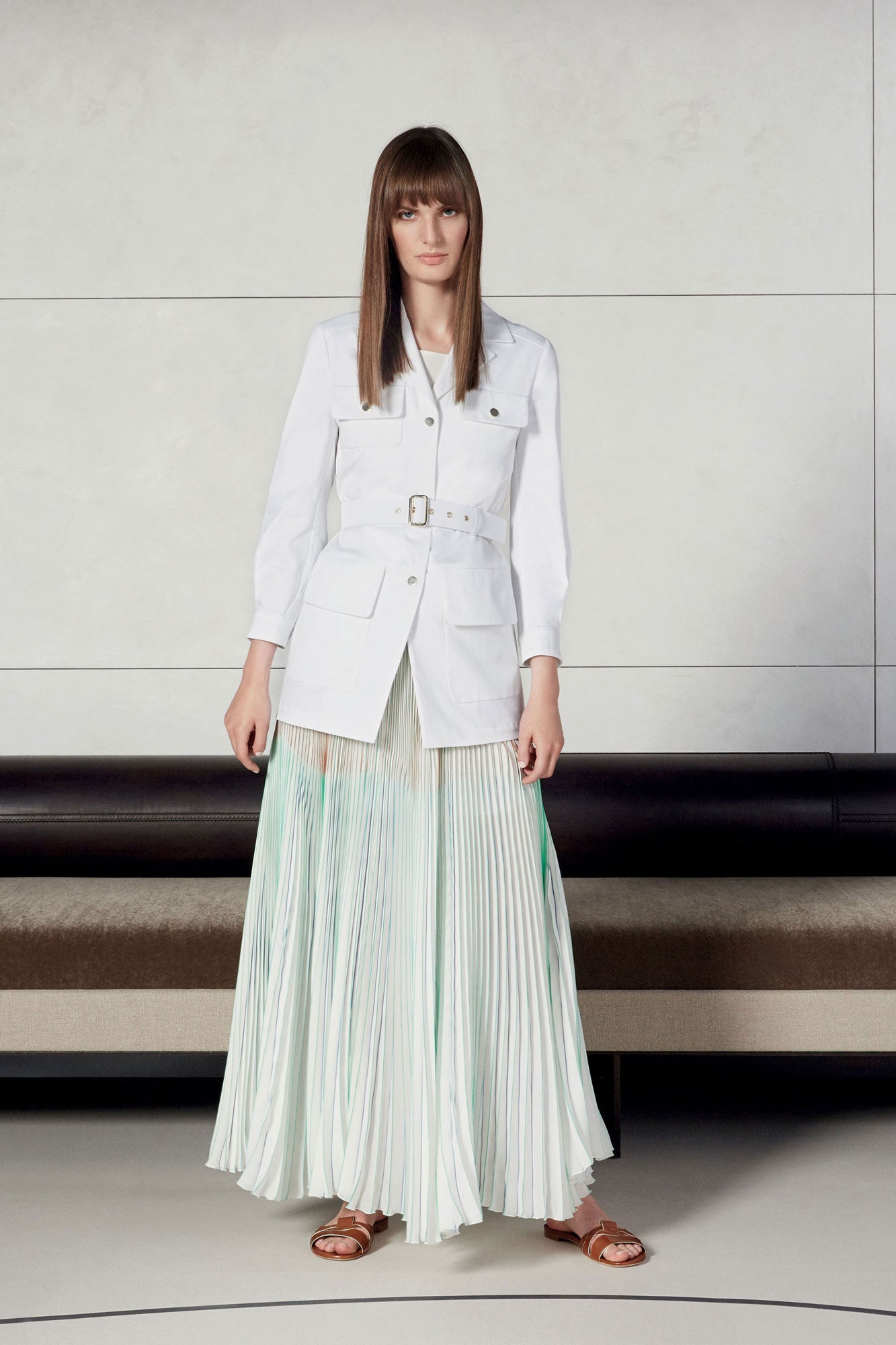 green chiffon relaxed pleated flowing maxi skirt