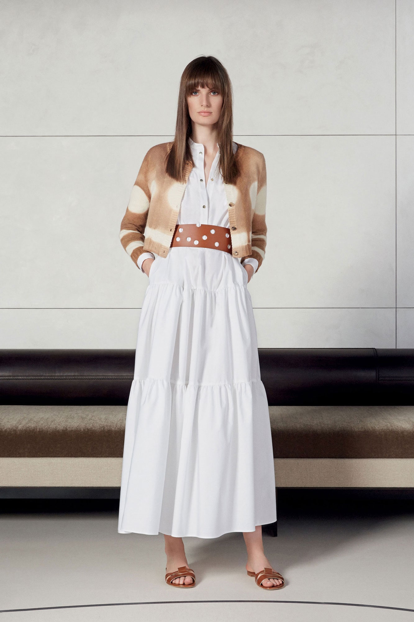 beige cardigan white shirt maxi skirt