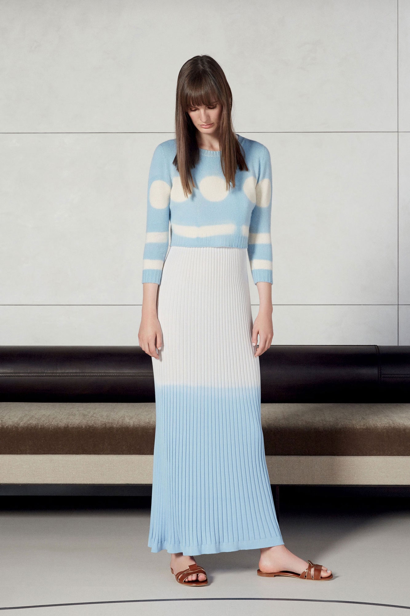 blue and white pleated maxi skirt with sweater