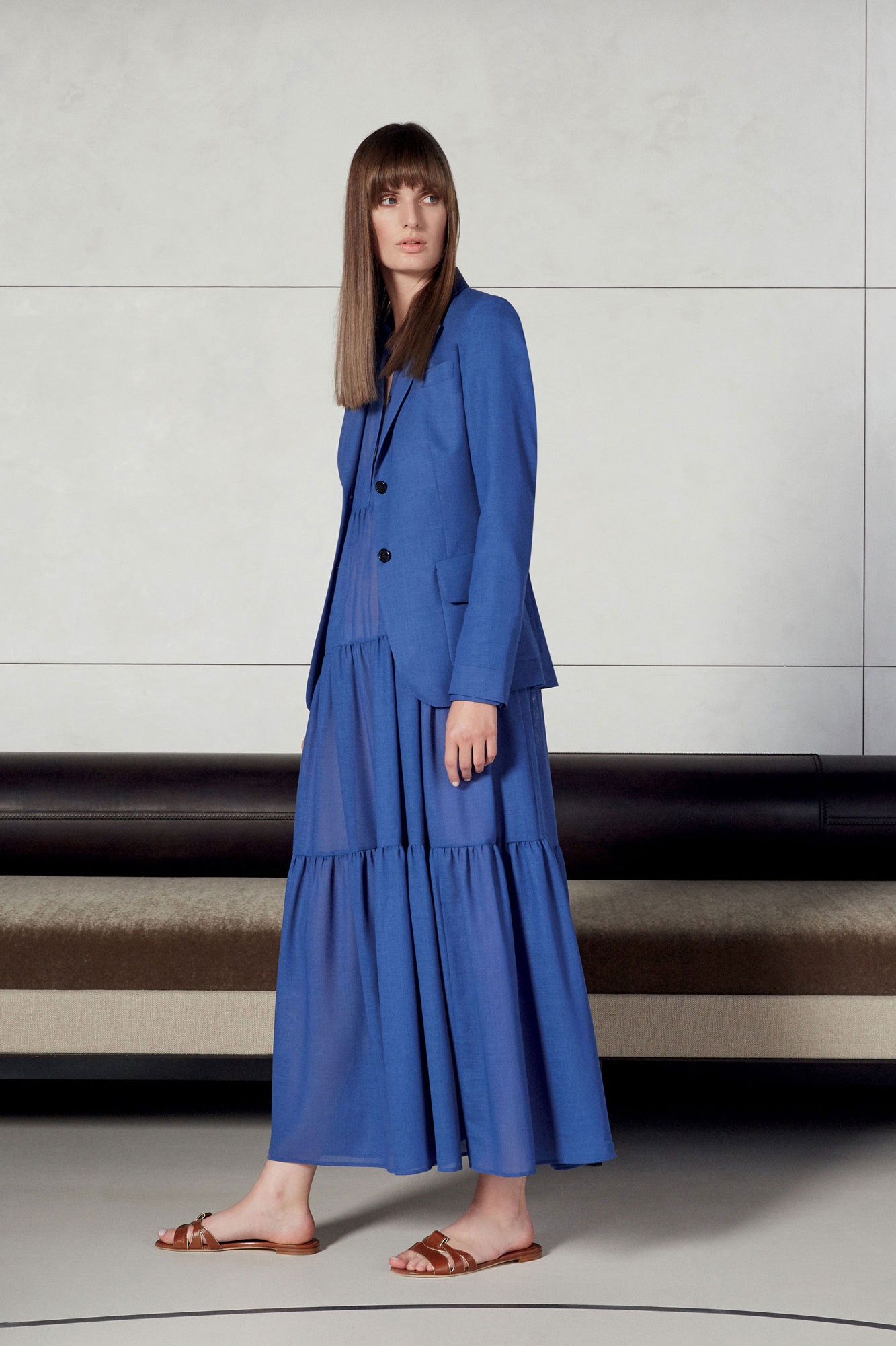 blue tailored blazer and tiered dress