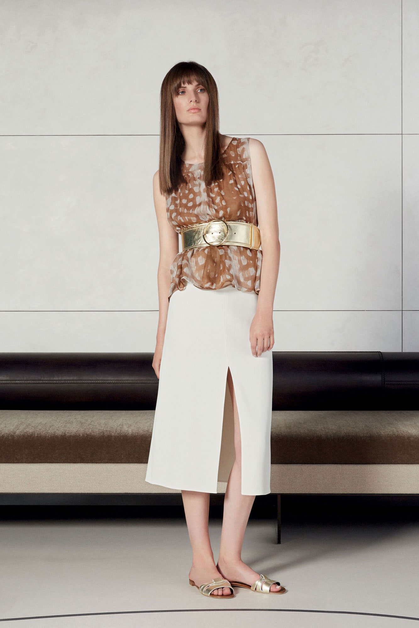brown silk sleeveless high-neck fitted printed top