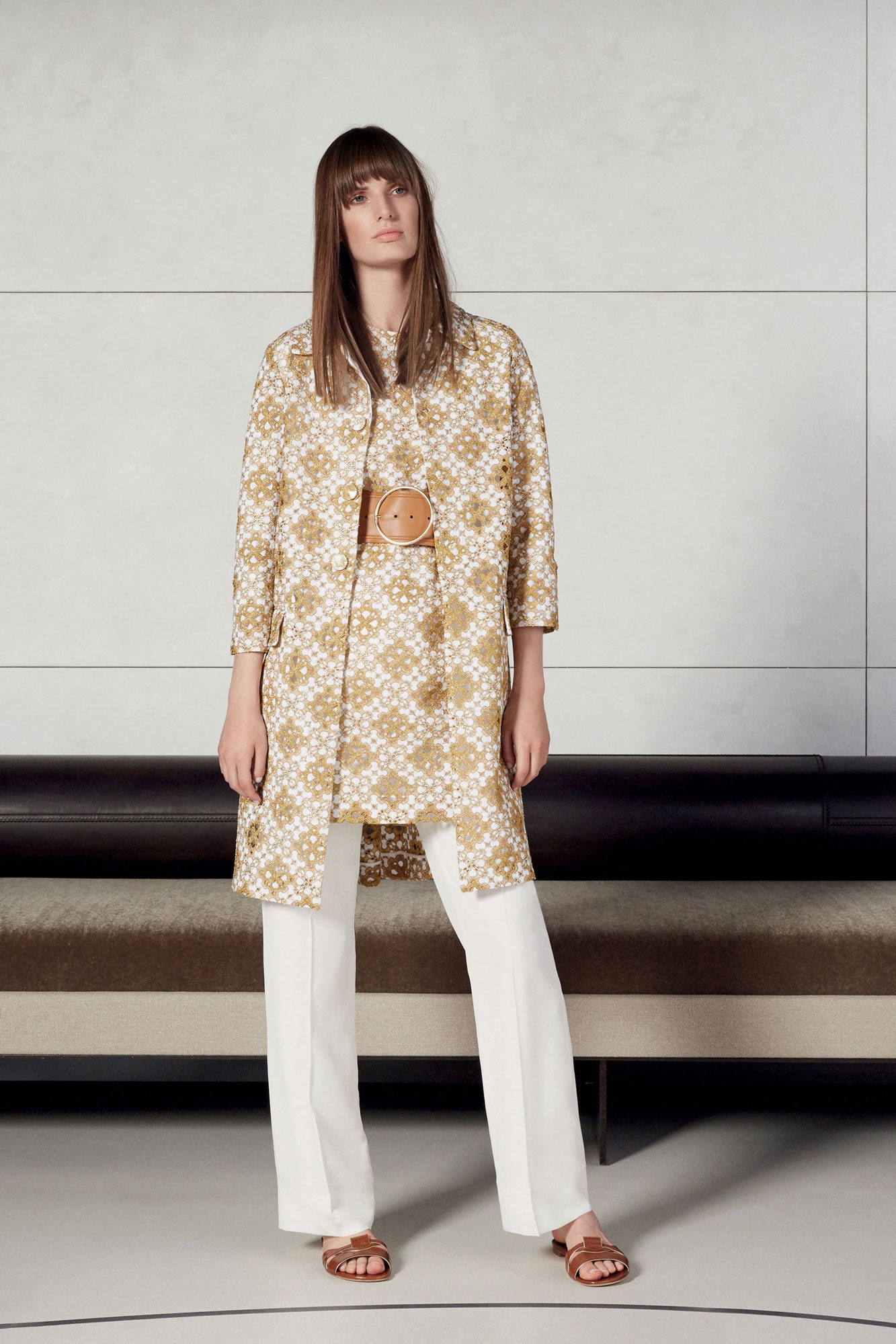 beige floral midi dress with white pants