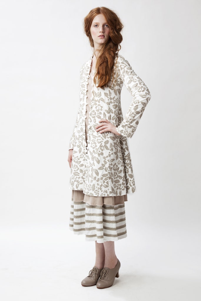 embroidered white midi dress with striped skirt