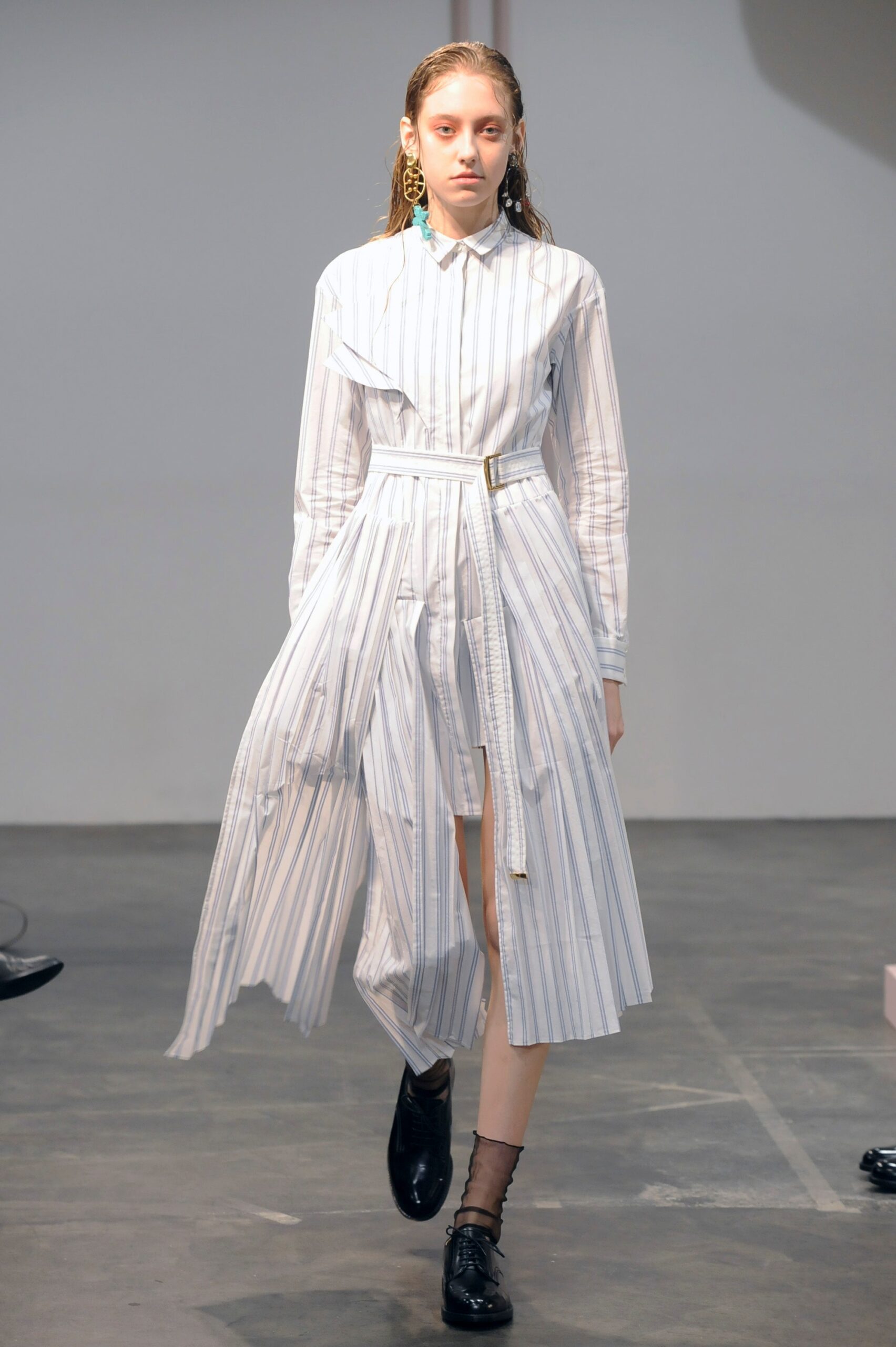 white and blue striped shirt-dress