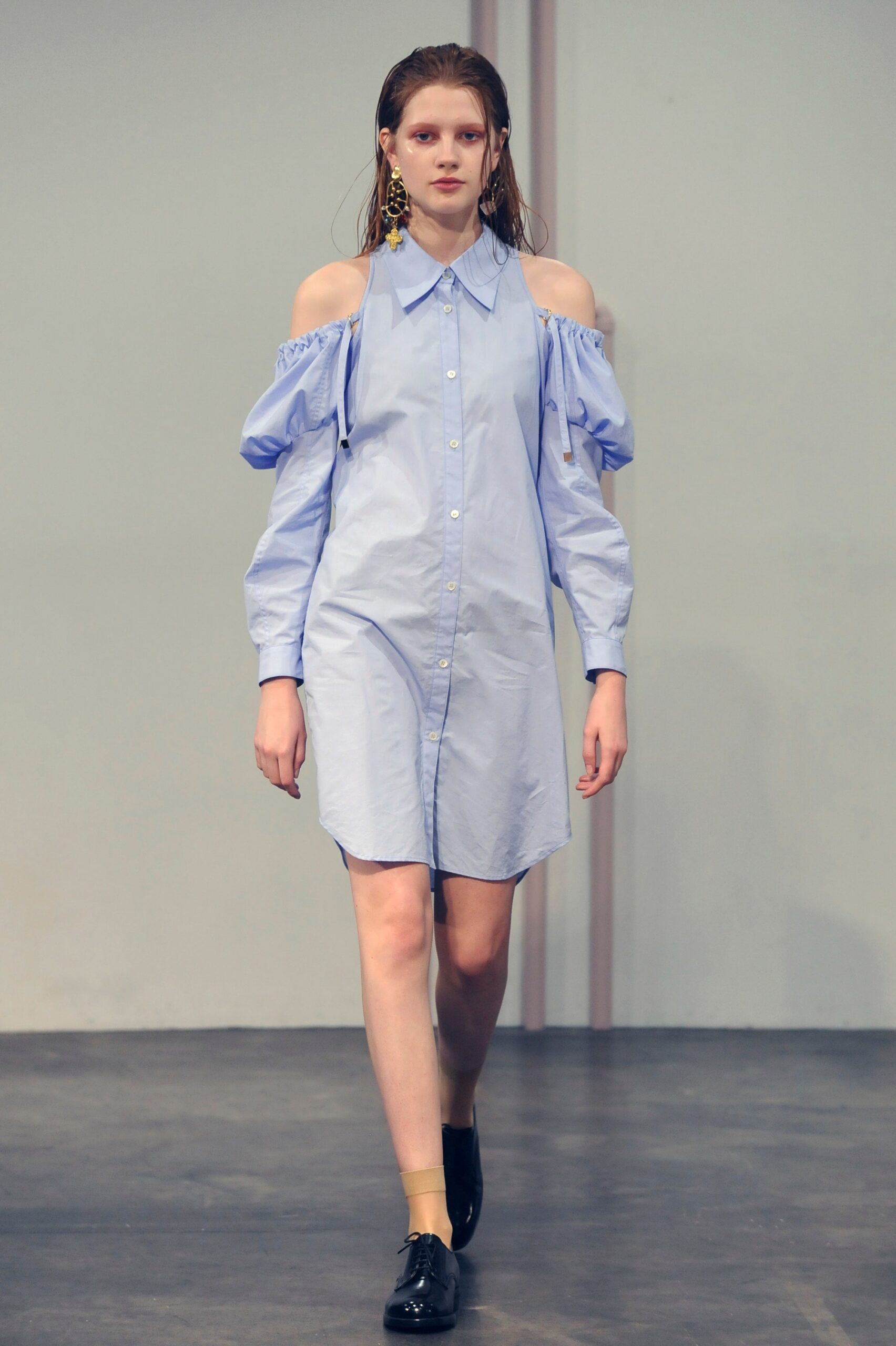 blue cotton off-shoulder shirt-dress