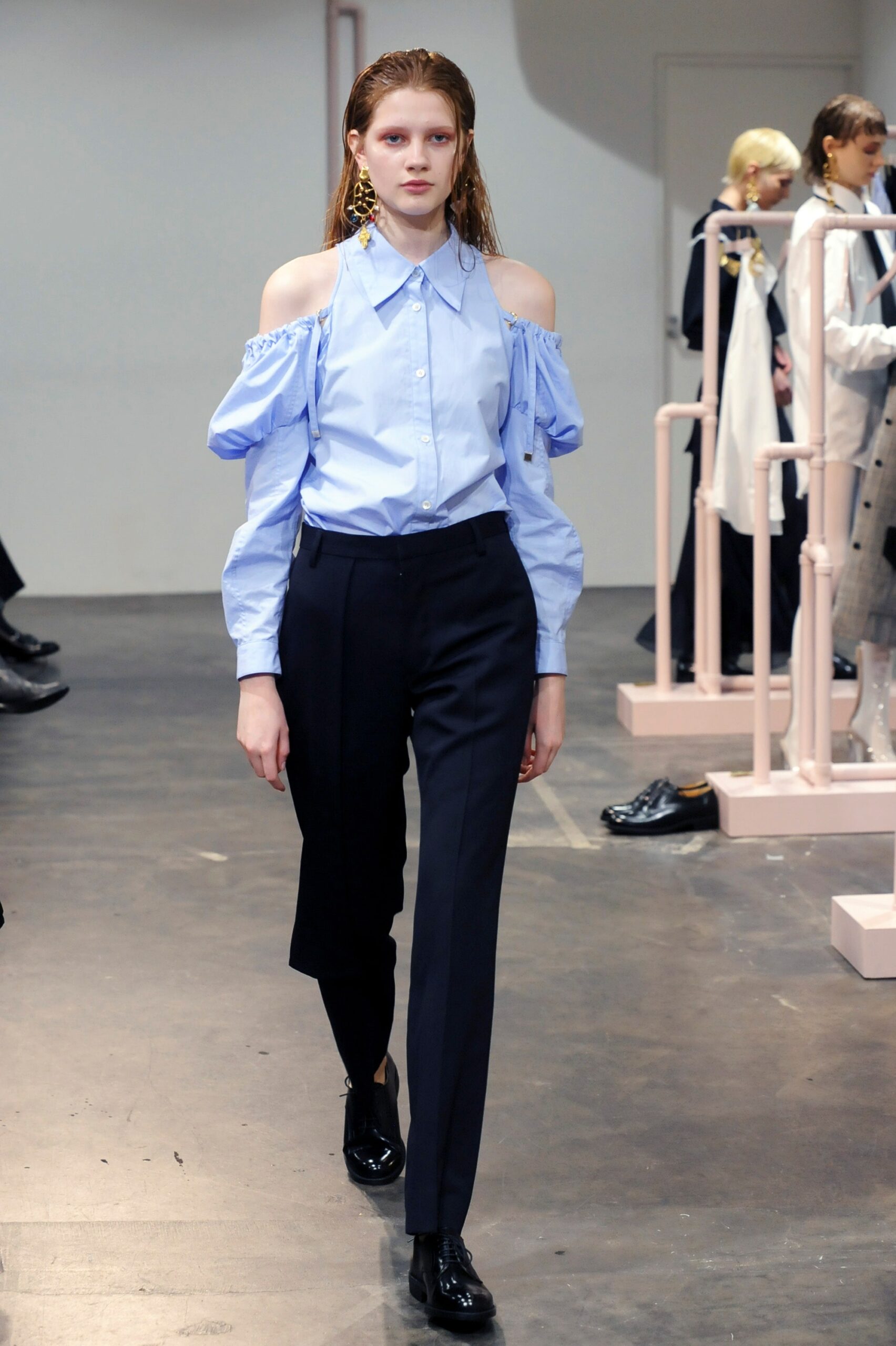 blue cotton long-sleeve off-shoulder fitted ruffled shirt