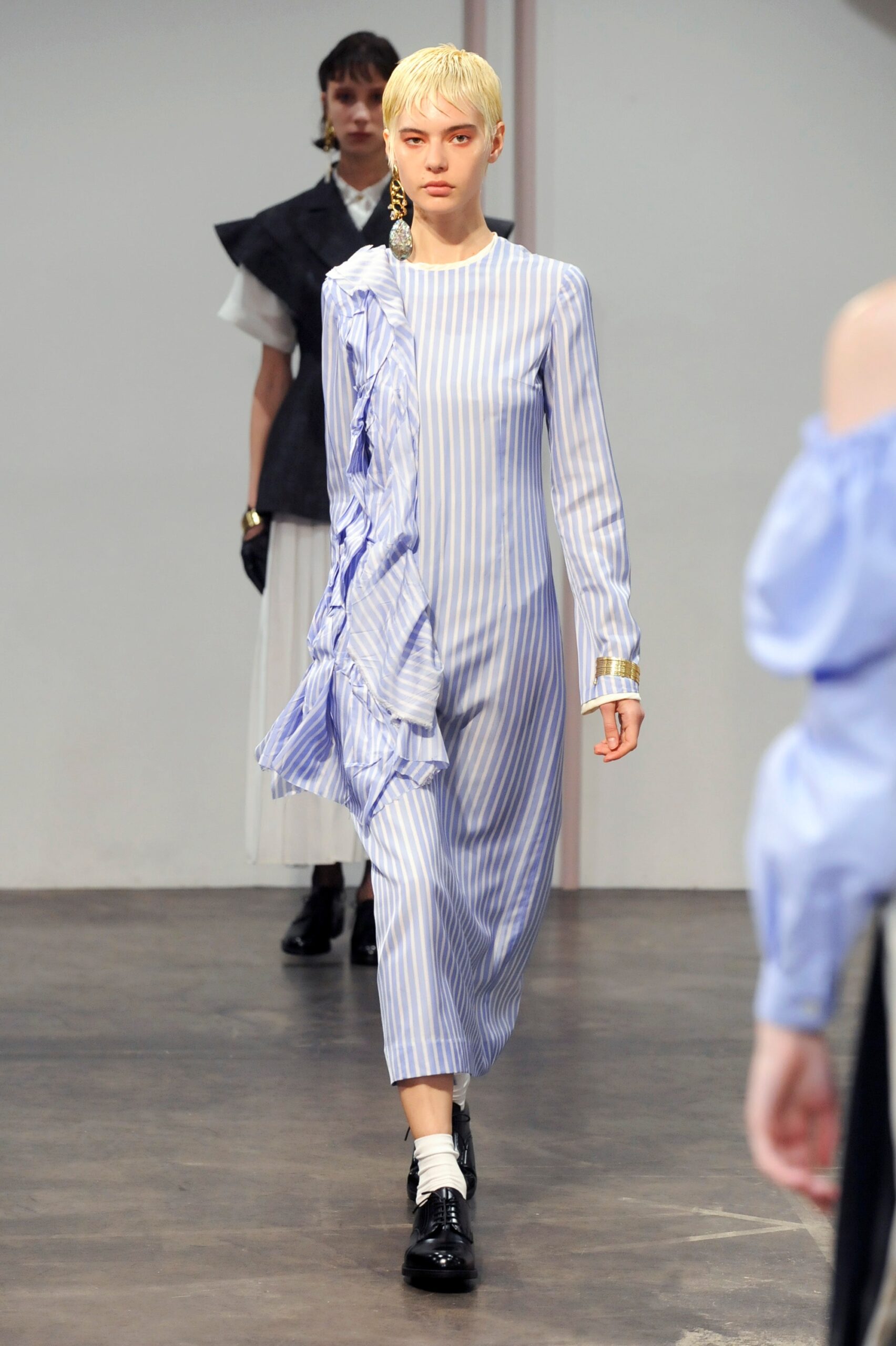 blue and white striped midi dress