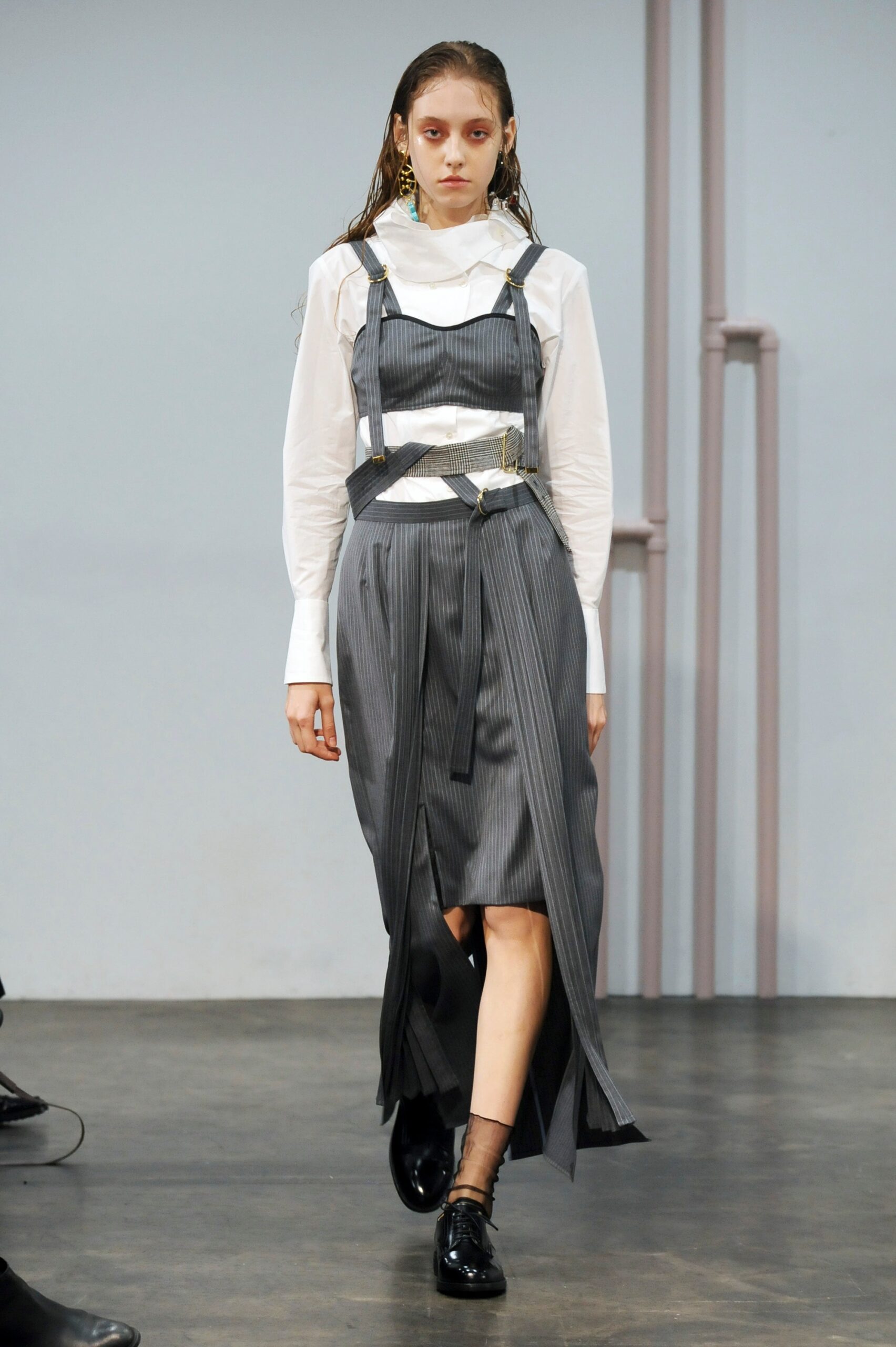 gray pleated midi dress with white shirt