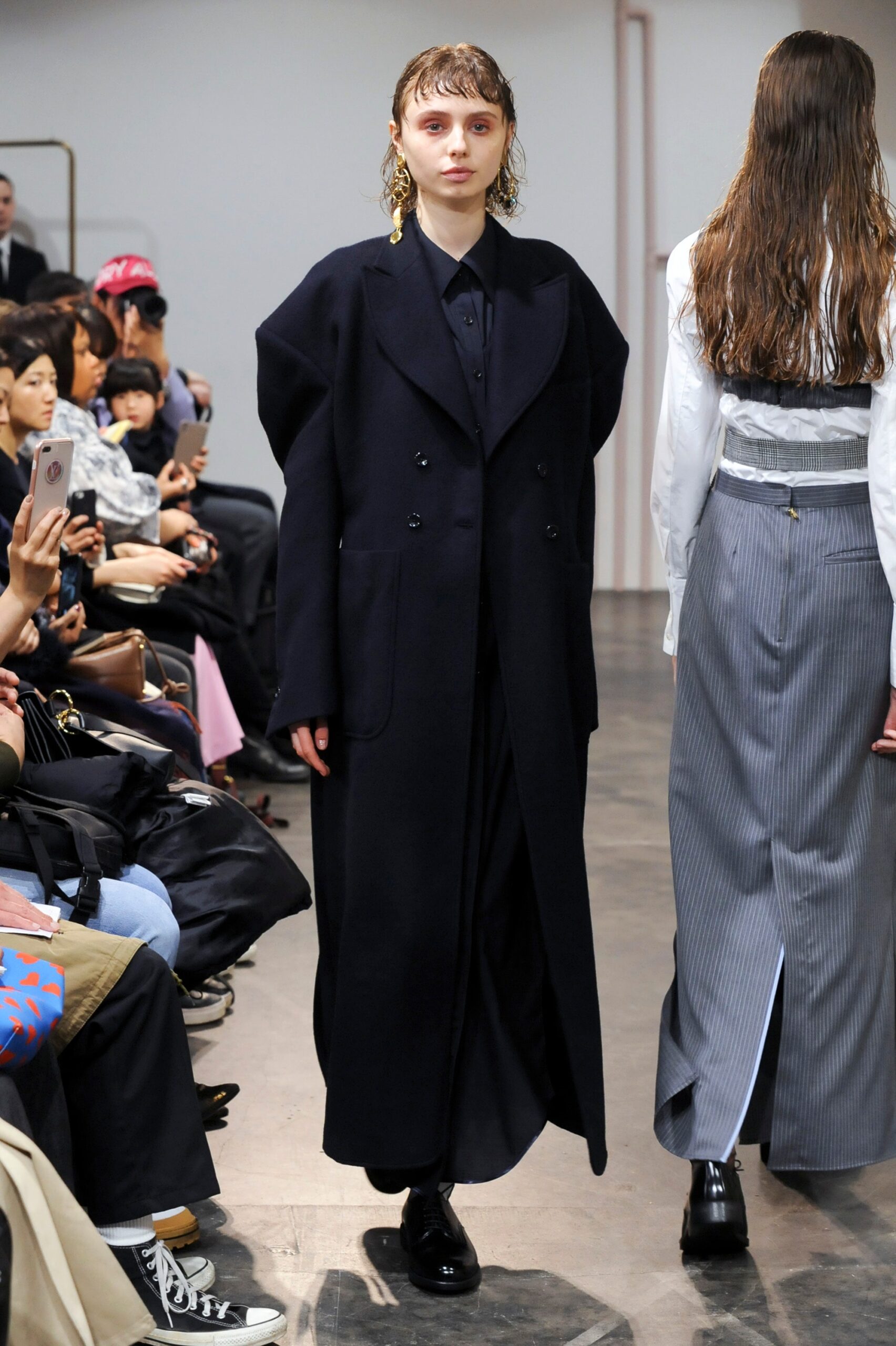 black wool long-sleeve collared oversized layered maxi coat