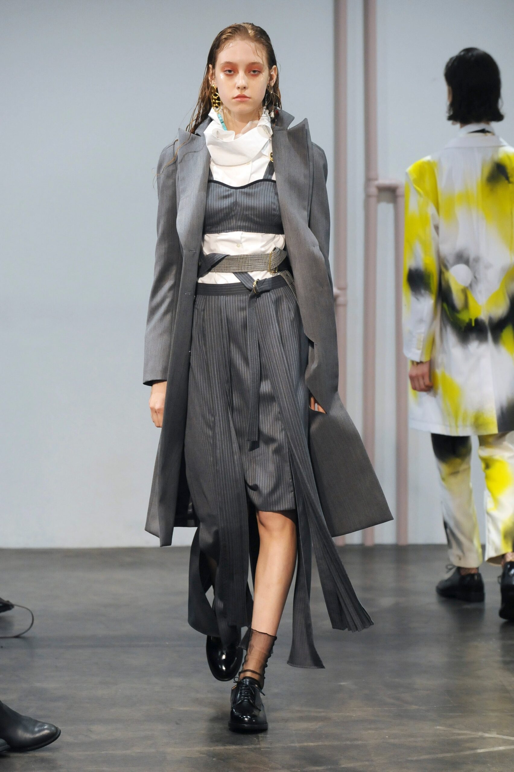 gray pleated midi dress and coat