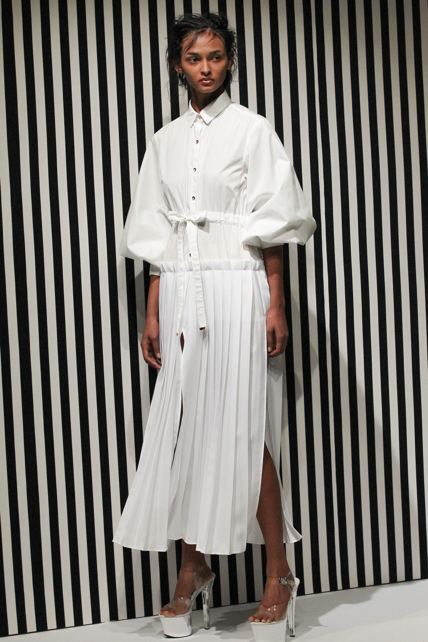 white pleated midi dress