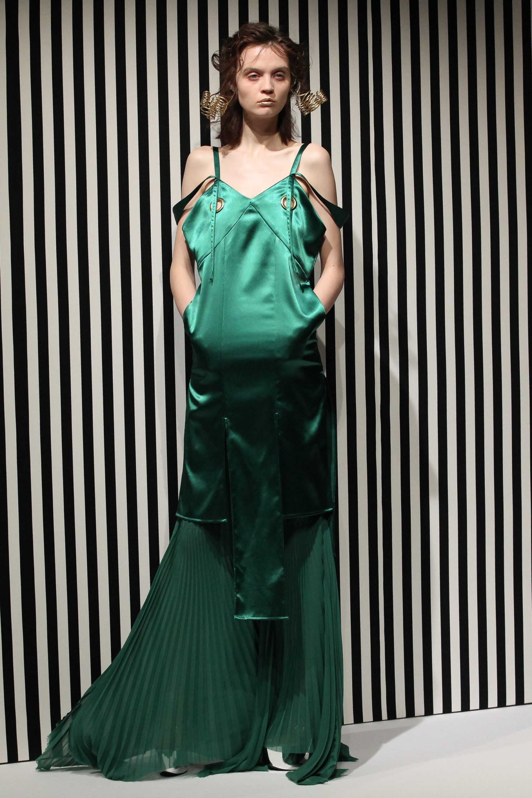 green silk off-shoulder dress