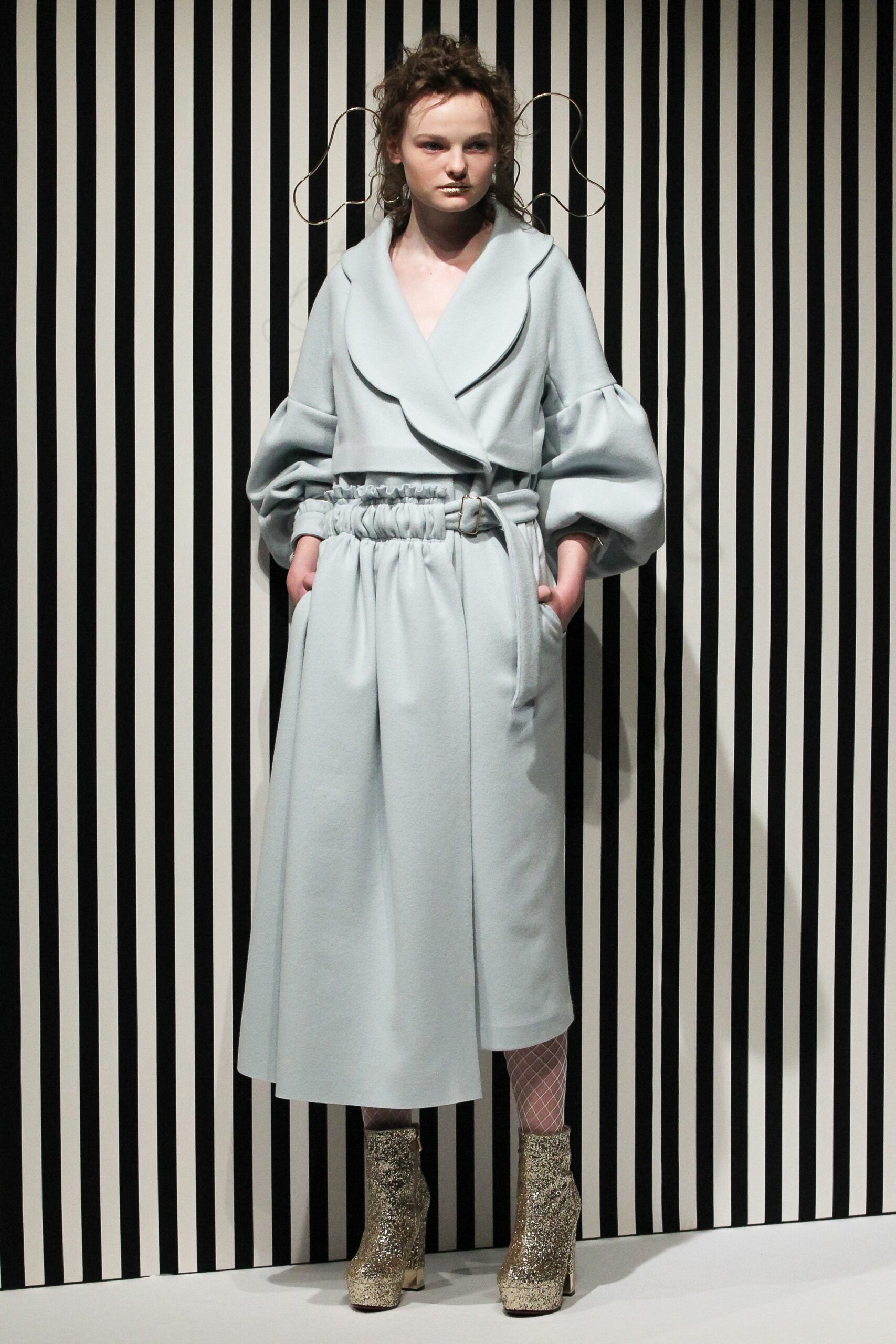 blue wool long-sleeve collared relaxed belted draped coat