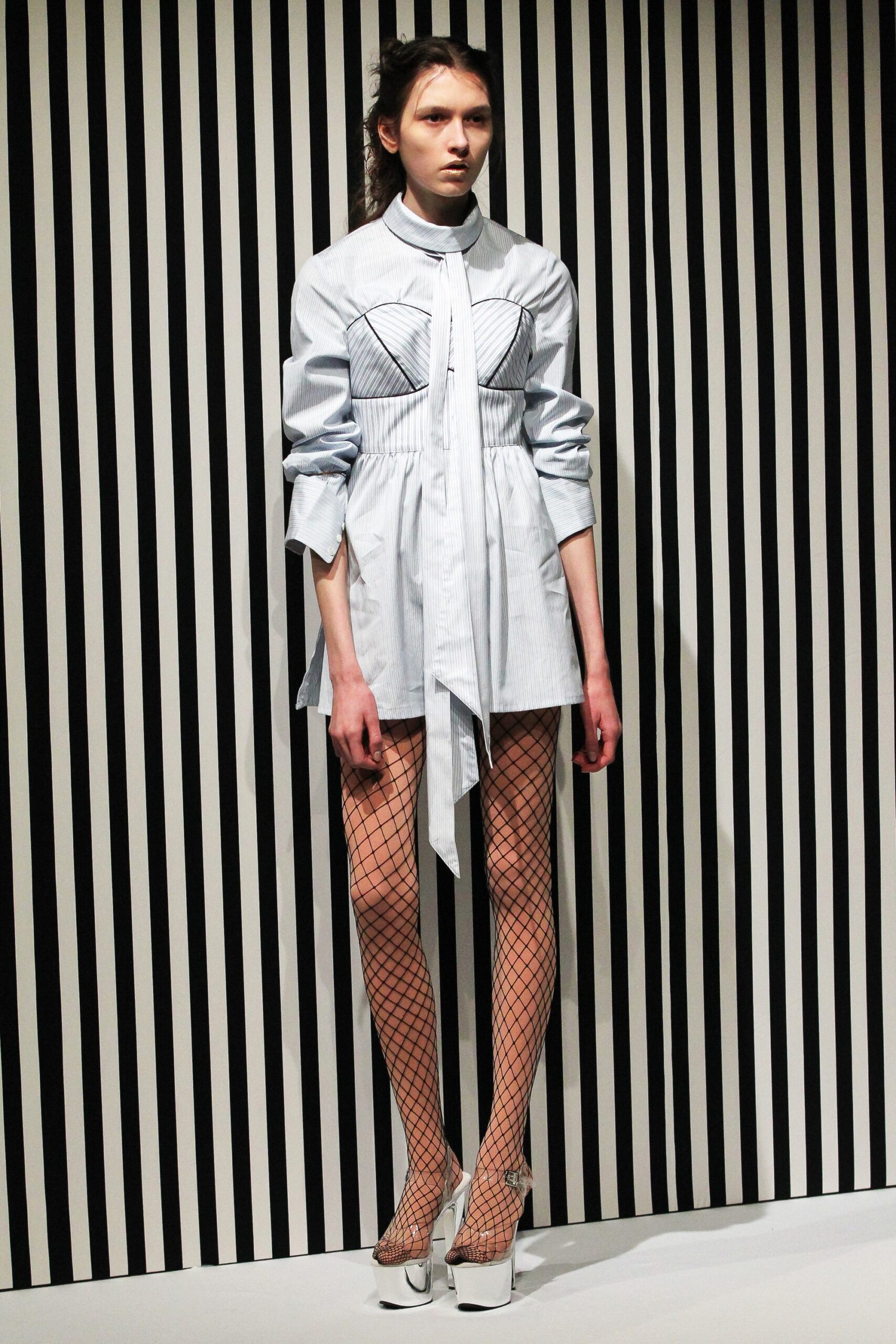 white and blue pleated shirt-dress