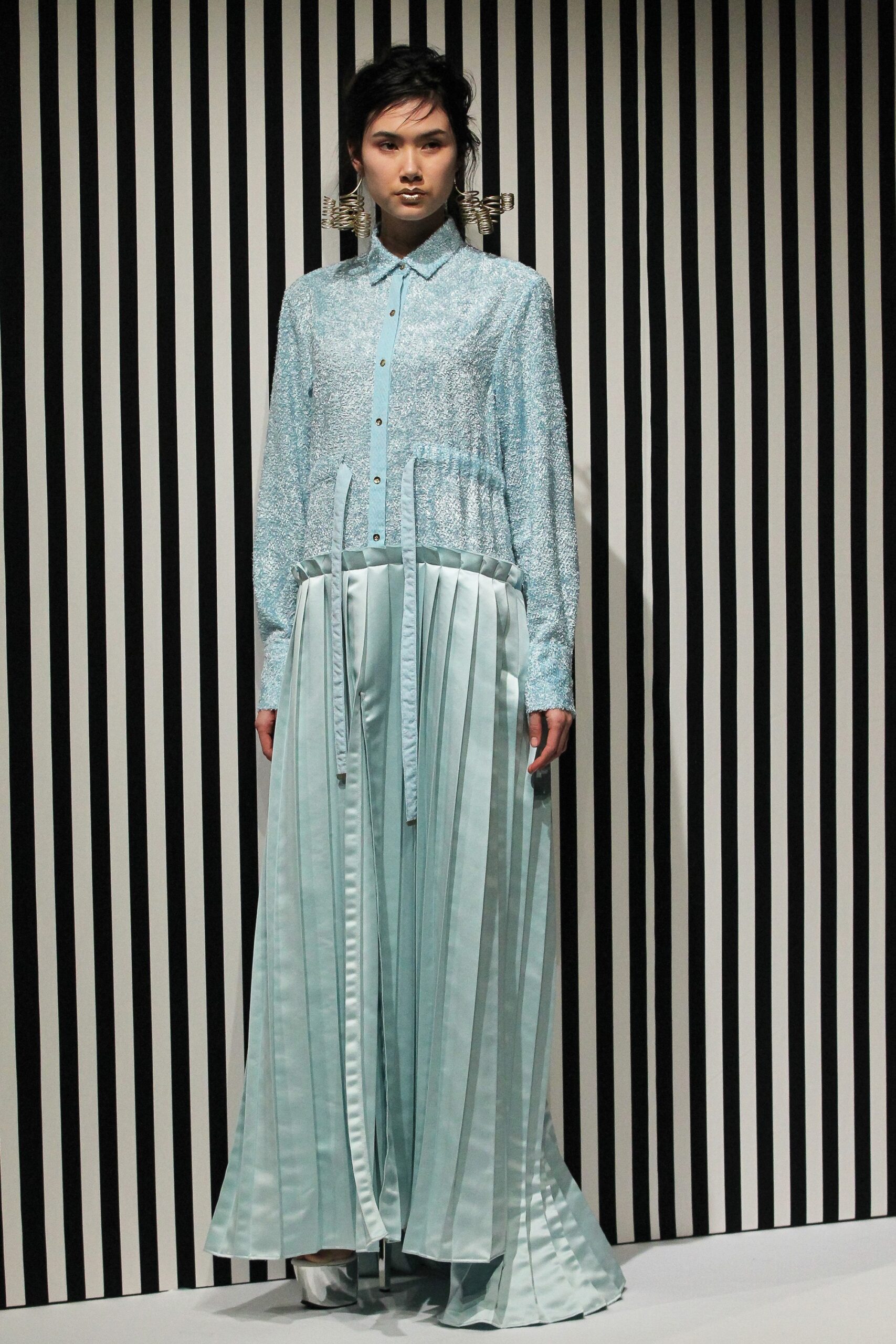 blue silk pleated maxi dress