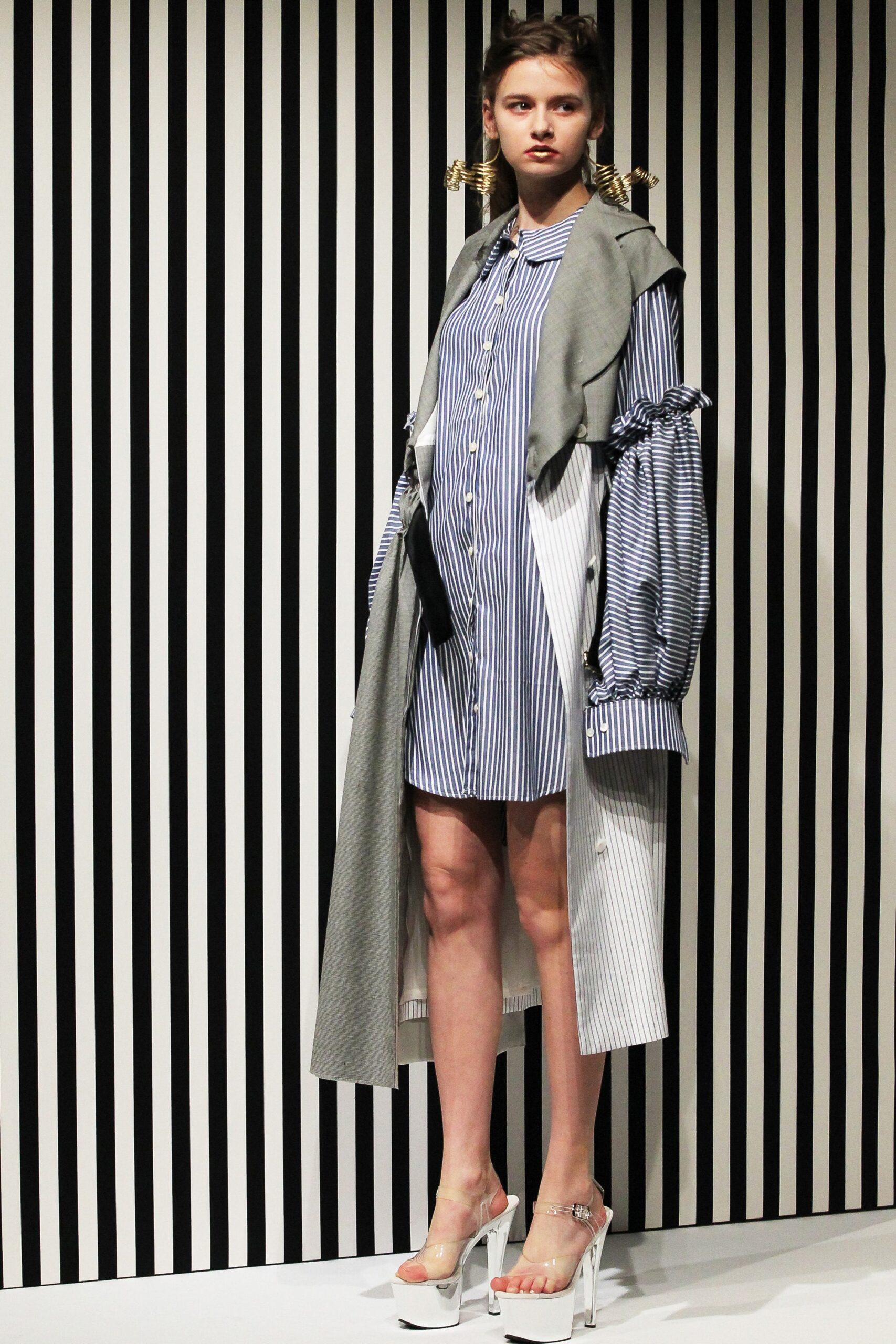blue and white striped shirt-dress with gray coat