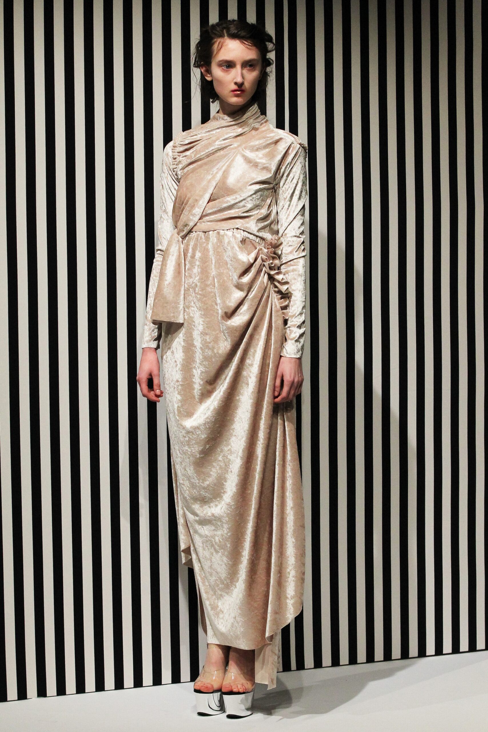 beige velvet fitted gown