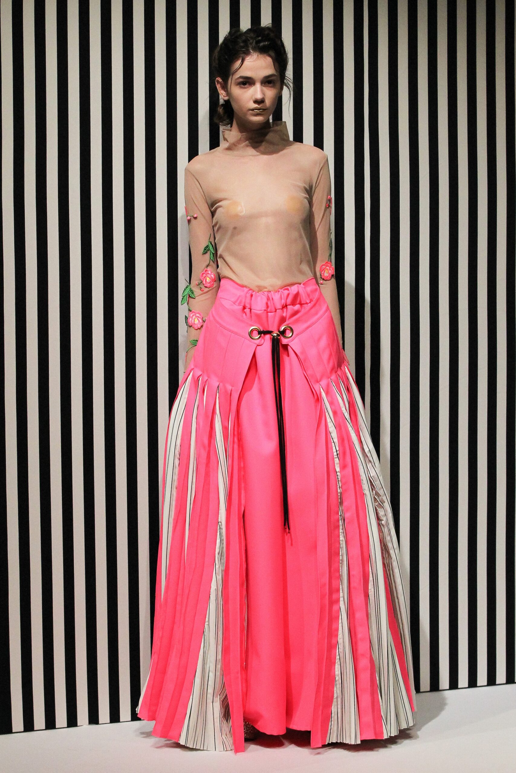 pink pleated maxi skirt and sheer top