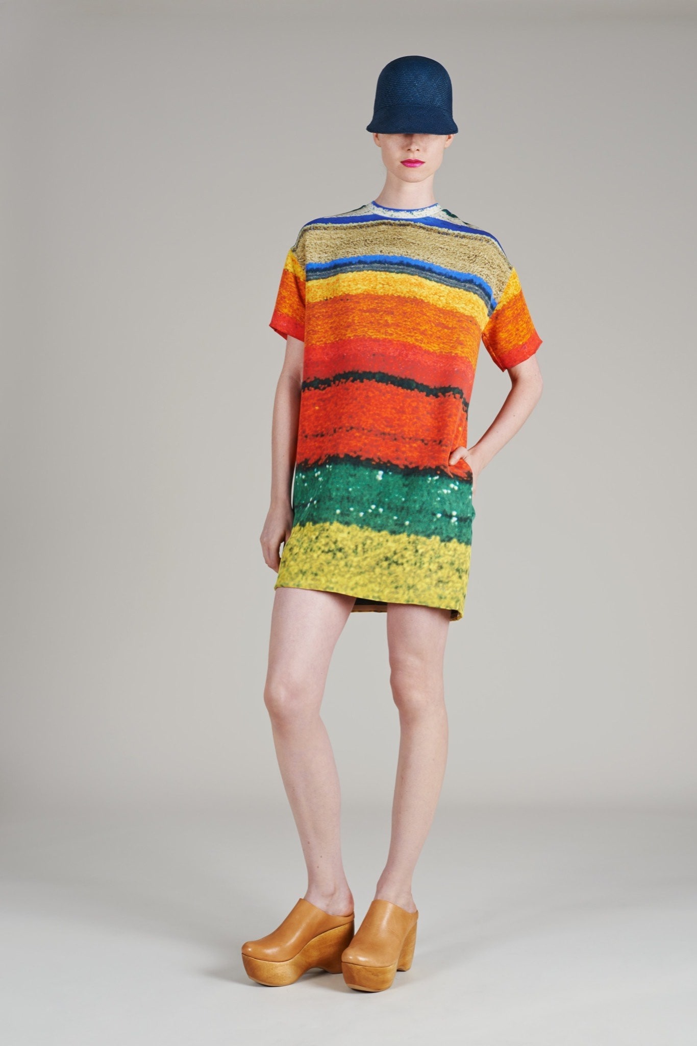 color-blocked mini dress with platform shoes