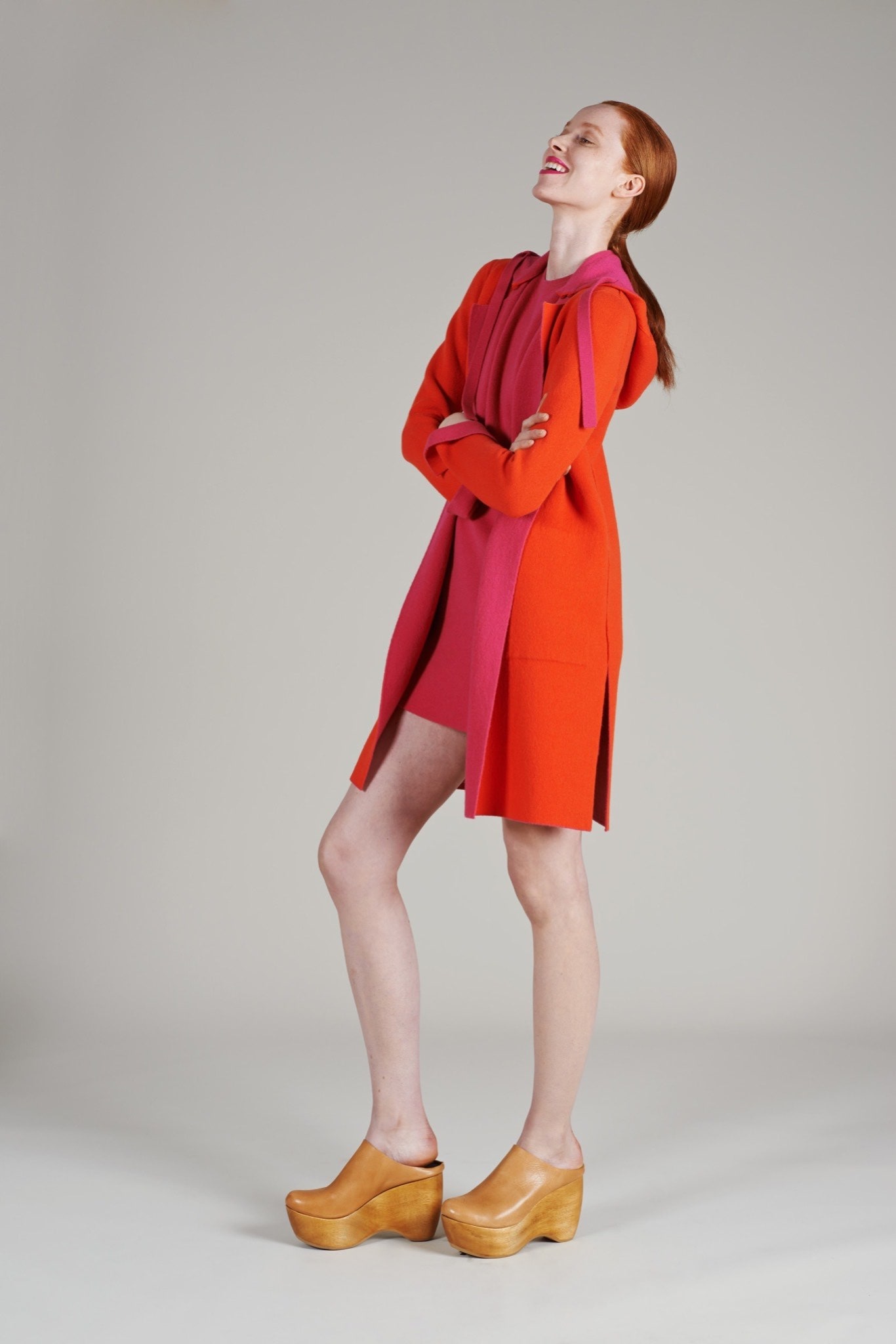 orange and pink fitted coat