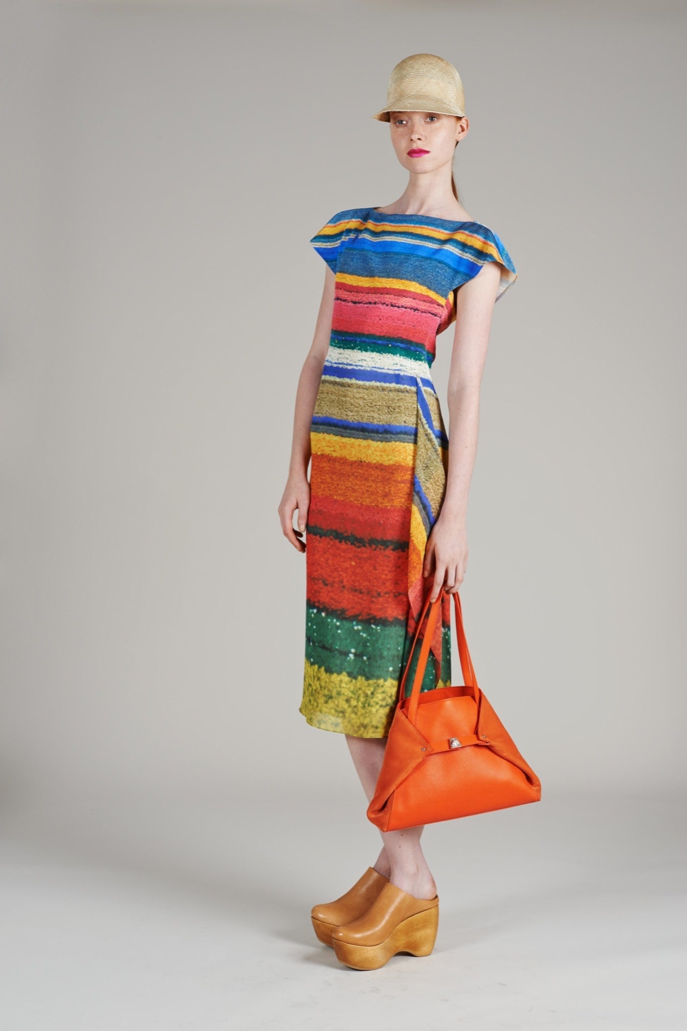multi-colored midi dress with accessories