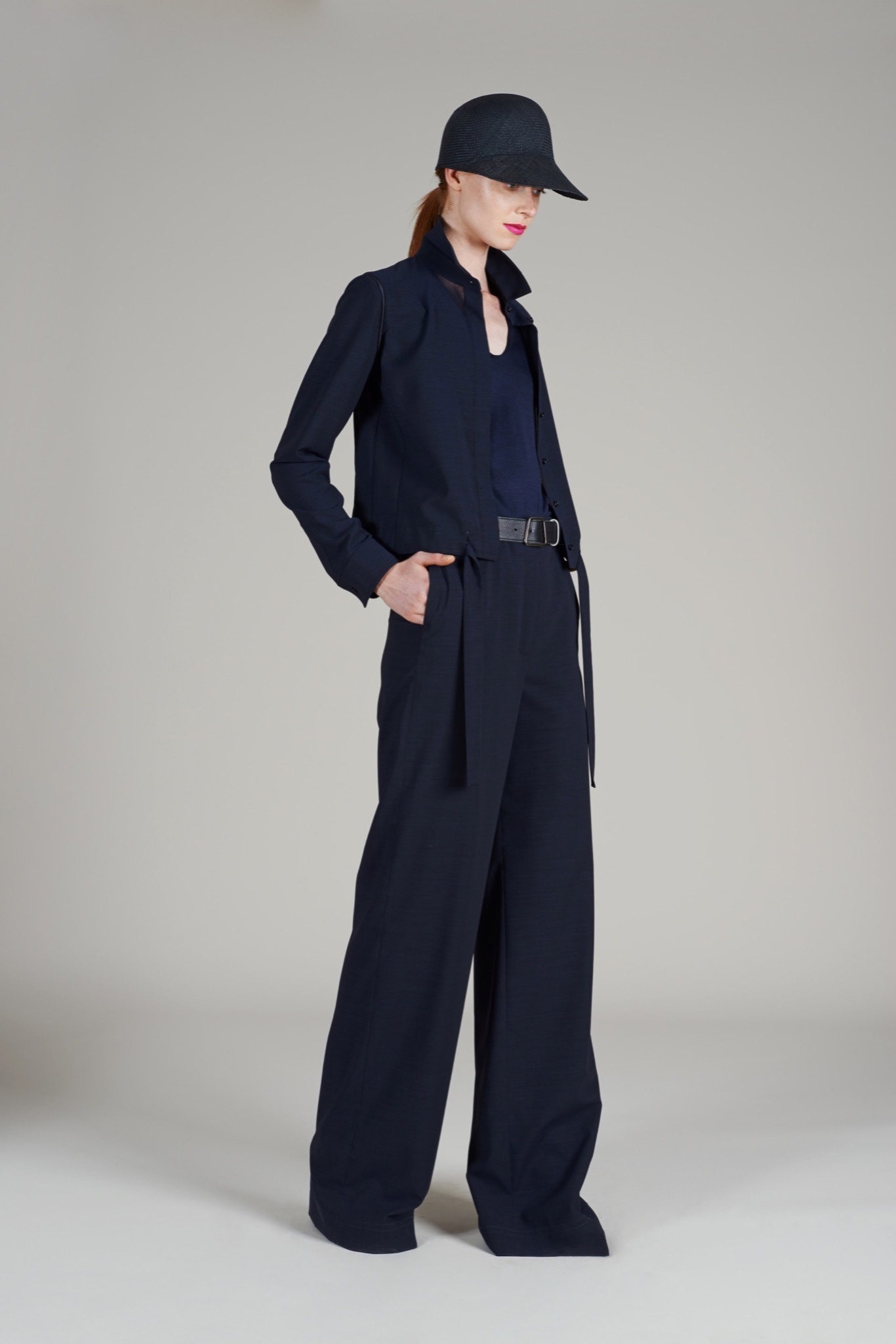 black tailored jacket with navy top