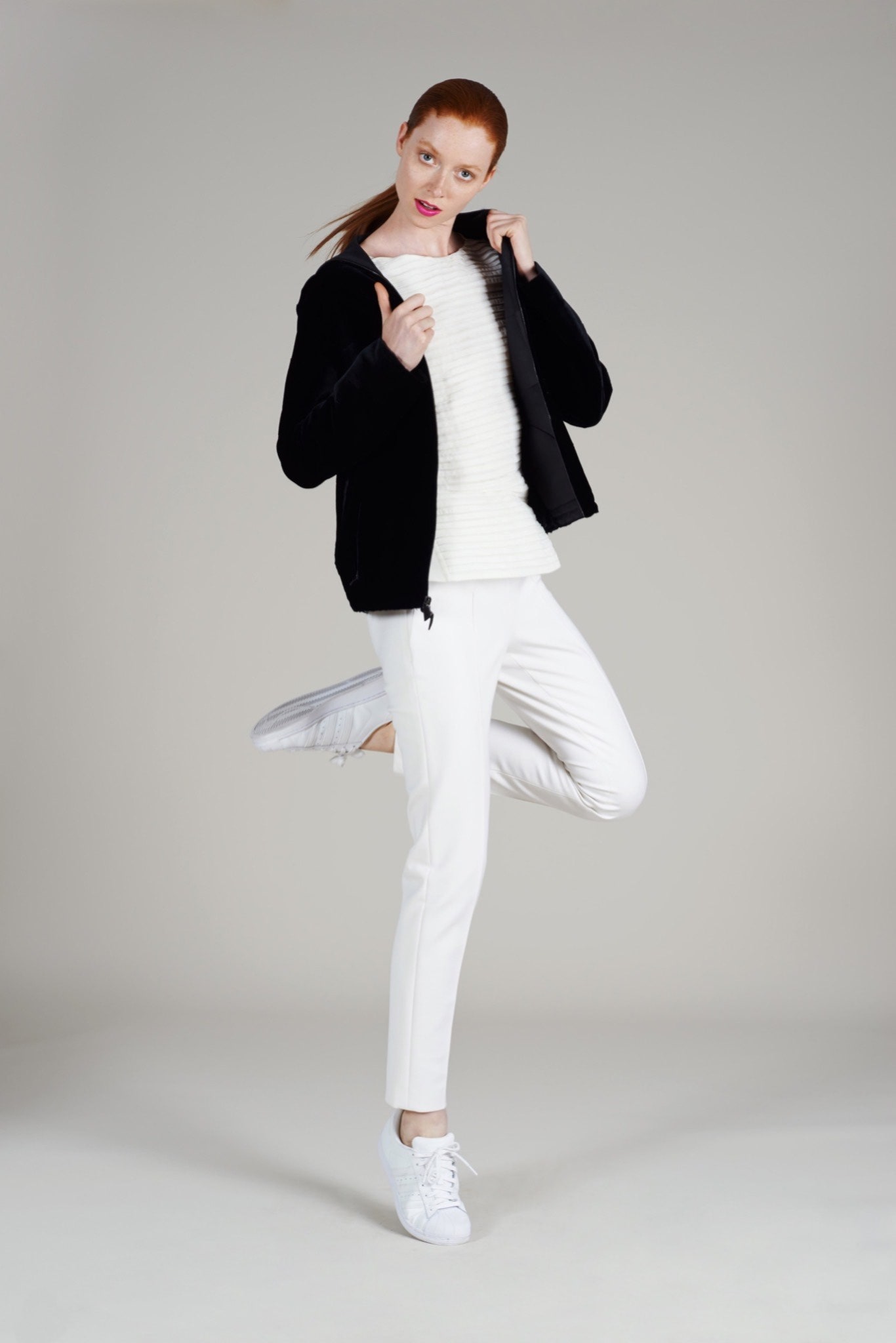 black velvet jacket white top