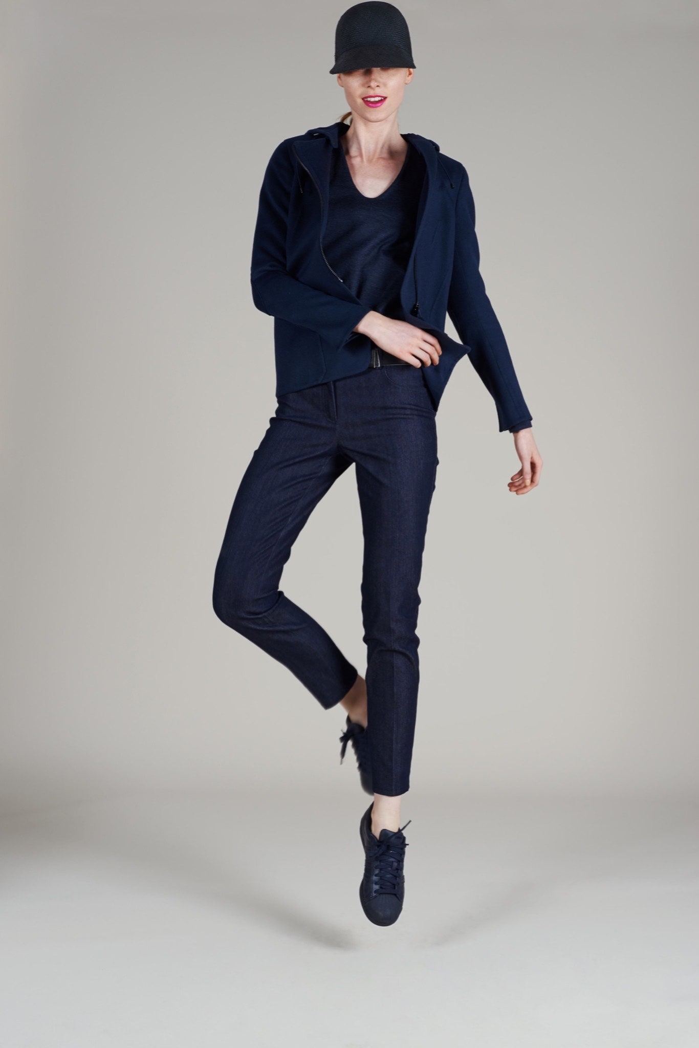 blue tailored jacket and slim pants