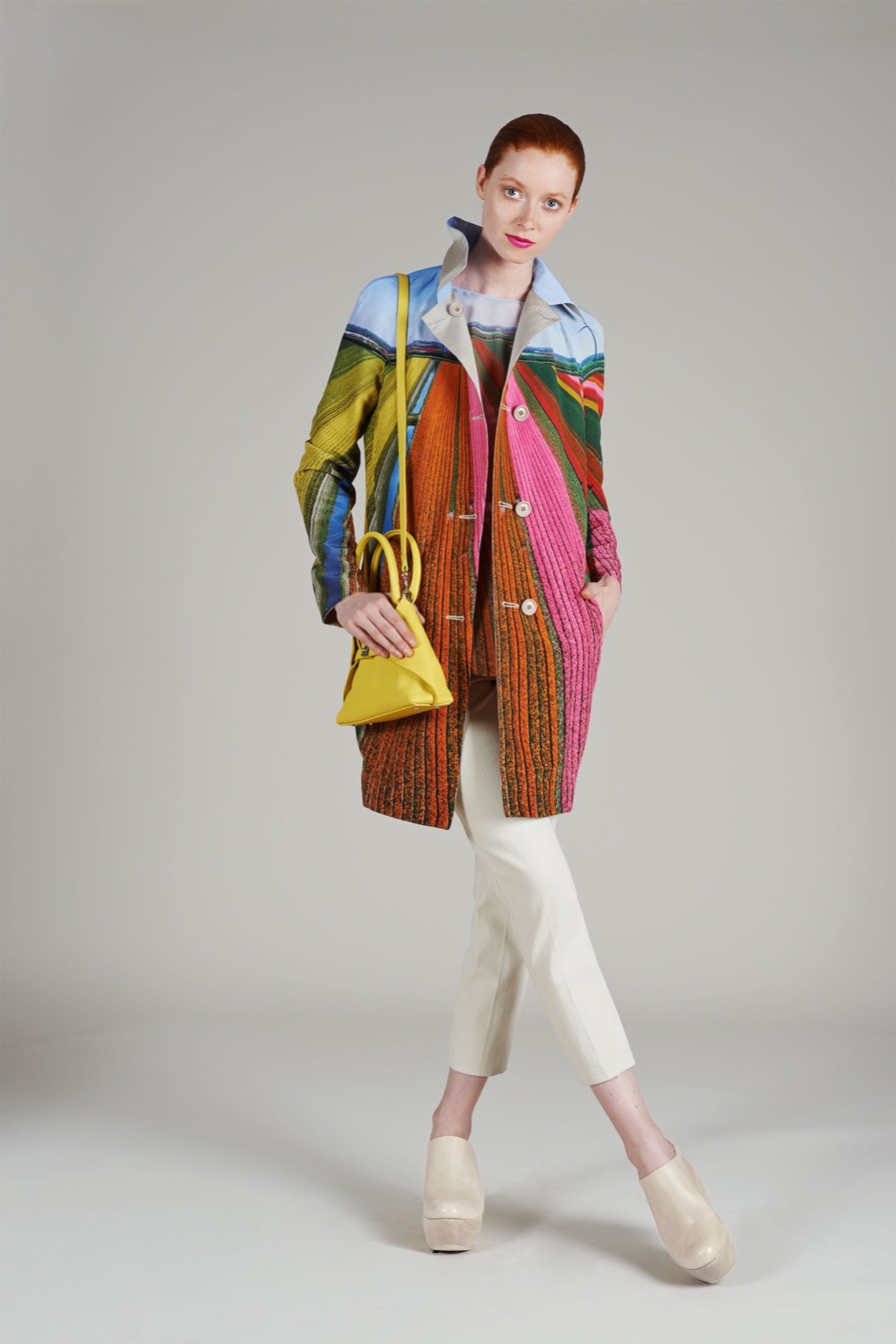 multi-colored coat with tailored pants