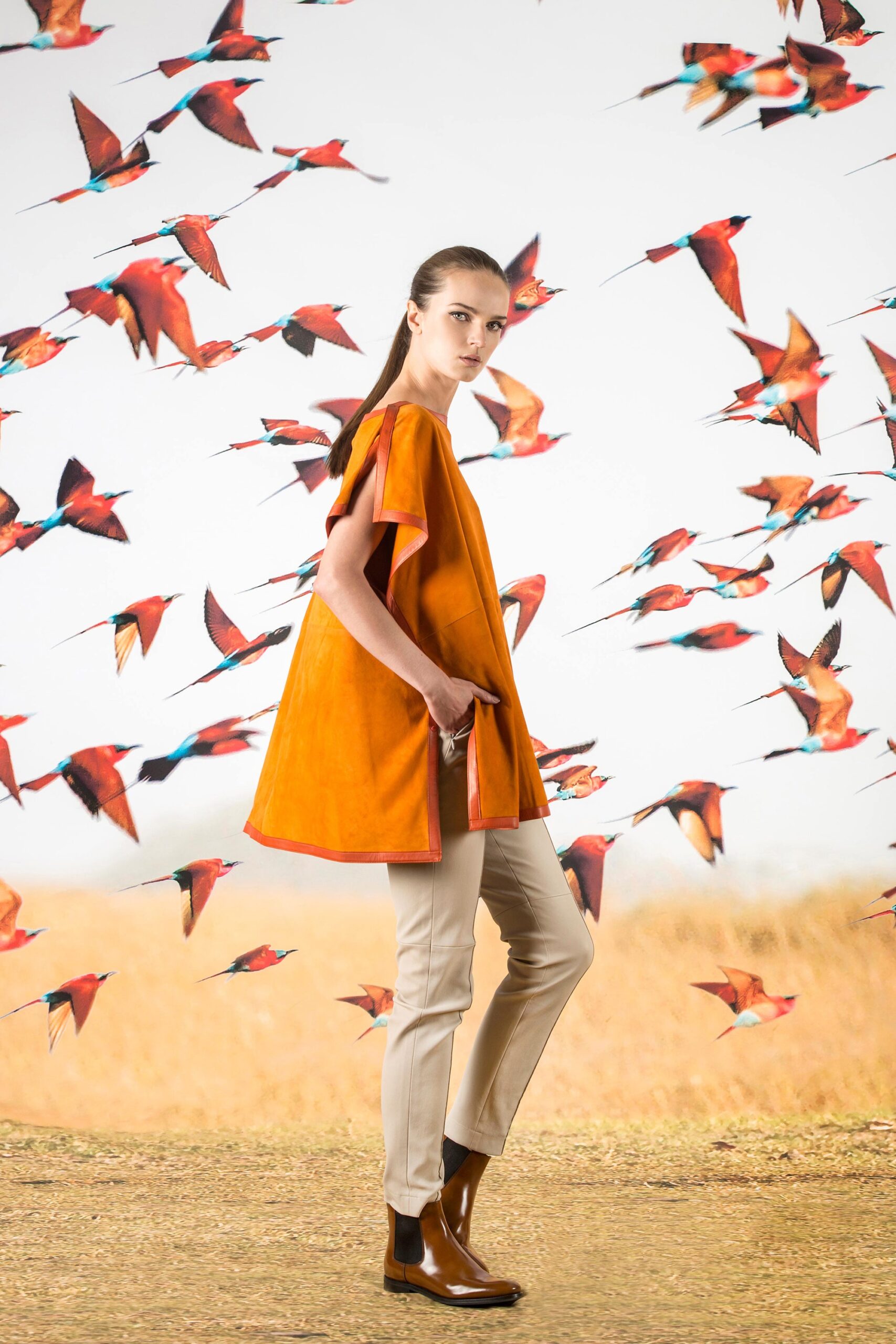 orange suede short-sleeve collared relaxed draped top